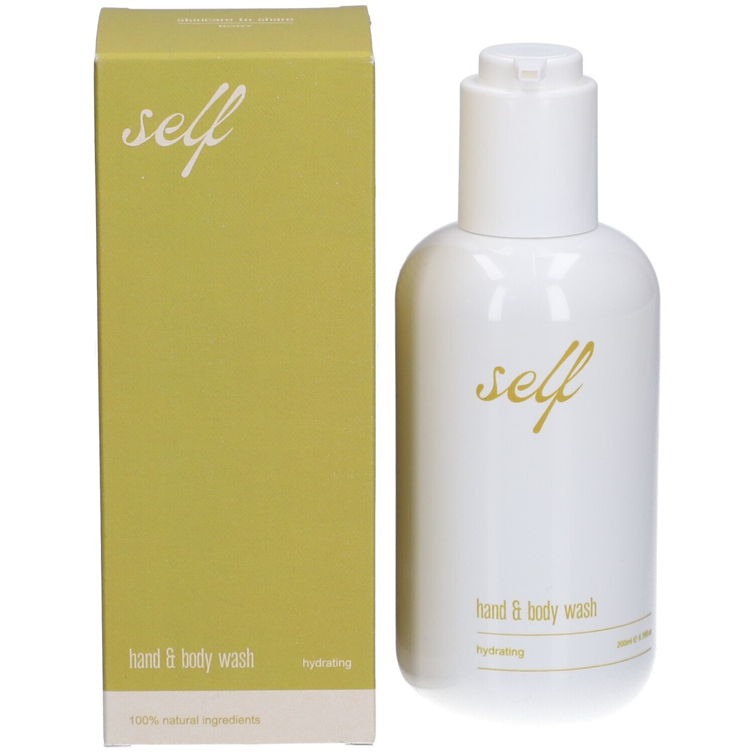 Weiße Flasche mit Spender und grüne Schachtel. Goldener Schriftzug "self" und "hand & body wash".