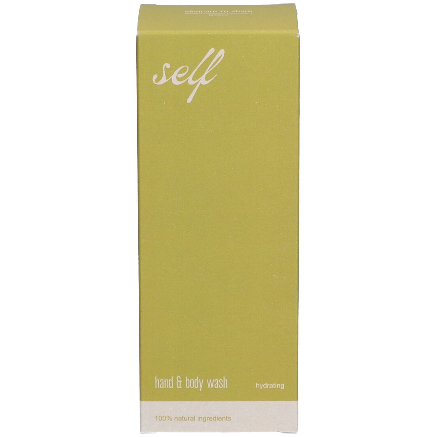 Grüne Schachtel mit weißem Schriftzug "self" und "hand & body wash".