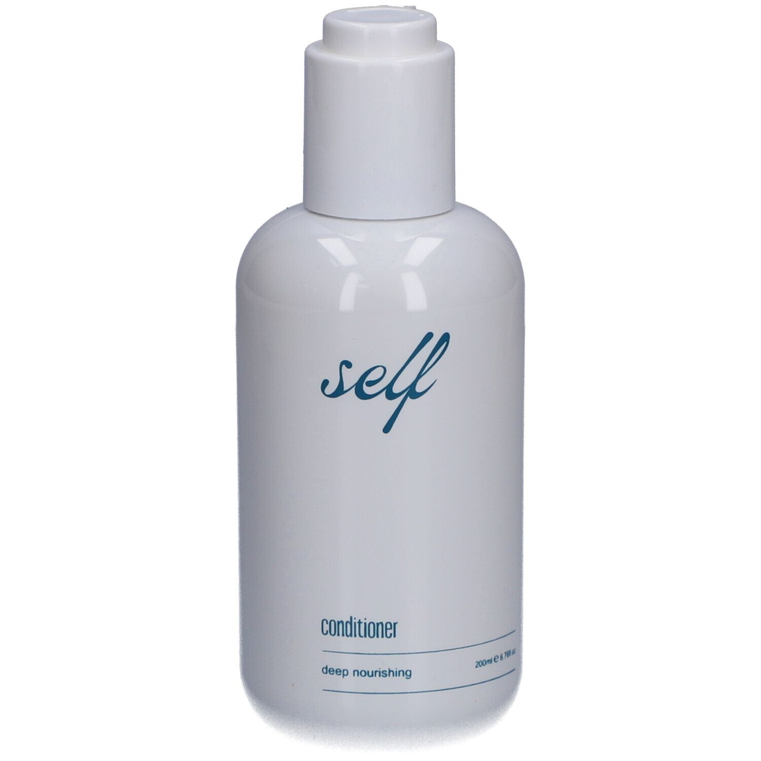 Weiße Flasche mit blauem Aufdruck. Aufschrift: self, Conditioner, deep nourishing. Pumpverschluss.