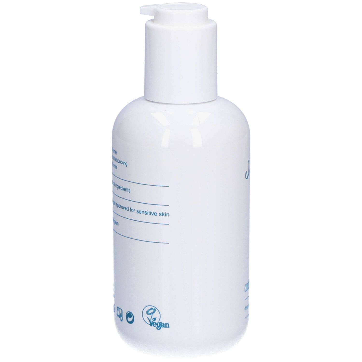 Weiße Flasche mit blauer Schrift. Aufschrift: Inhaltsstoffe, für empfindliche Haut geeignet, vegan.