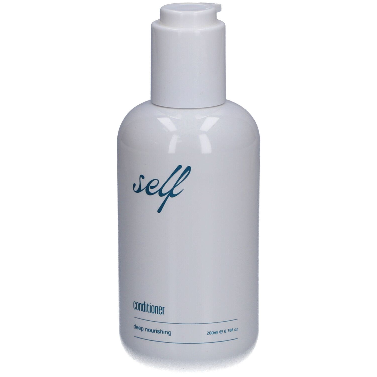 Weiße Flasche mit blauem Aufdruck. Aufschrift: self, Conditioner, deep nourishing. Pumpverschluss.