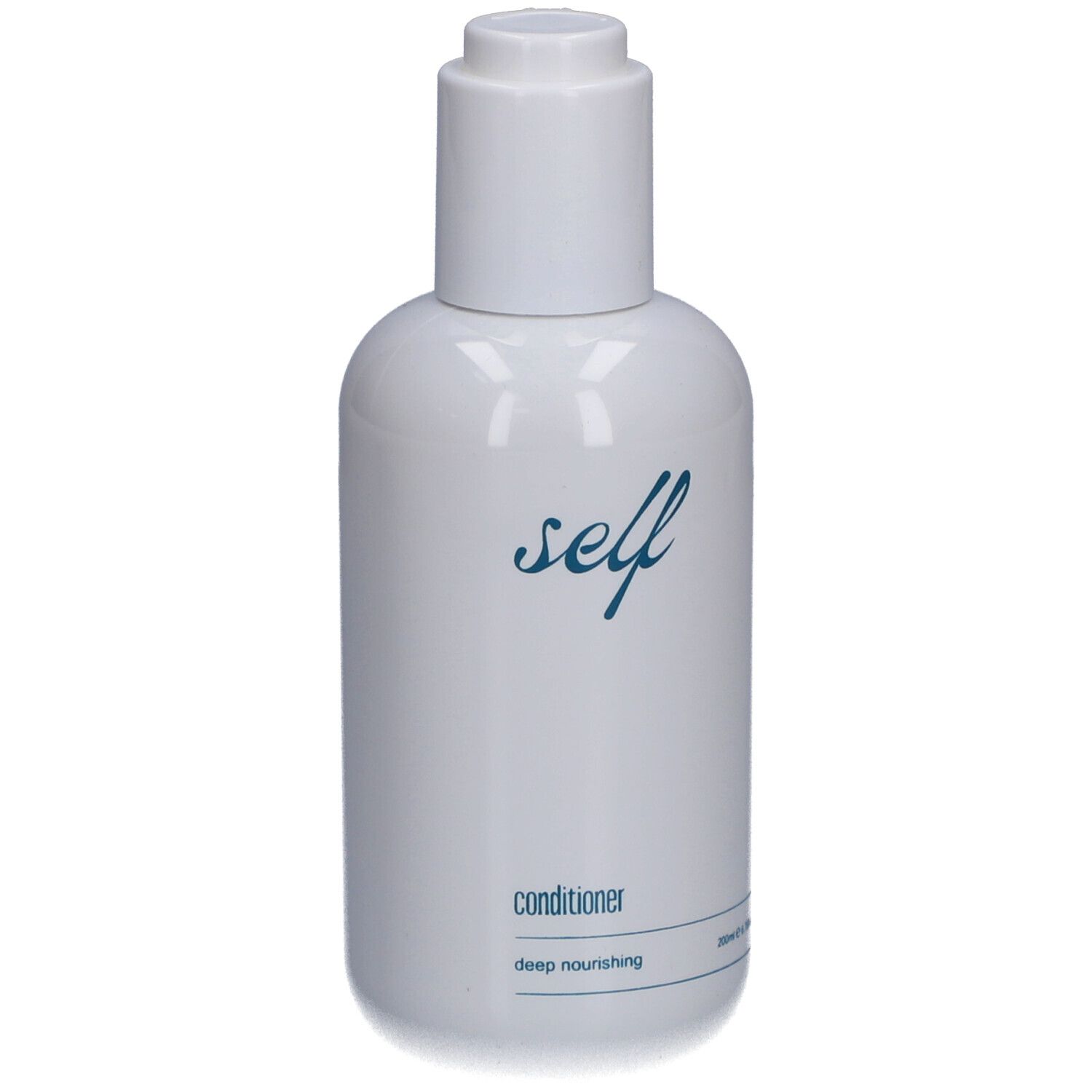 Weiße Flasche mit blauem Aufdruck. Aufschrift: self, Conditioner, deep nourishing. Pumpverschluss.