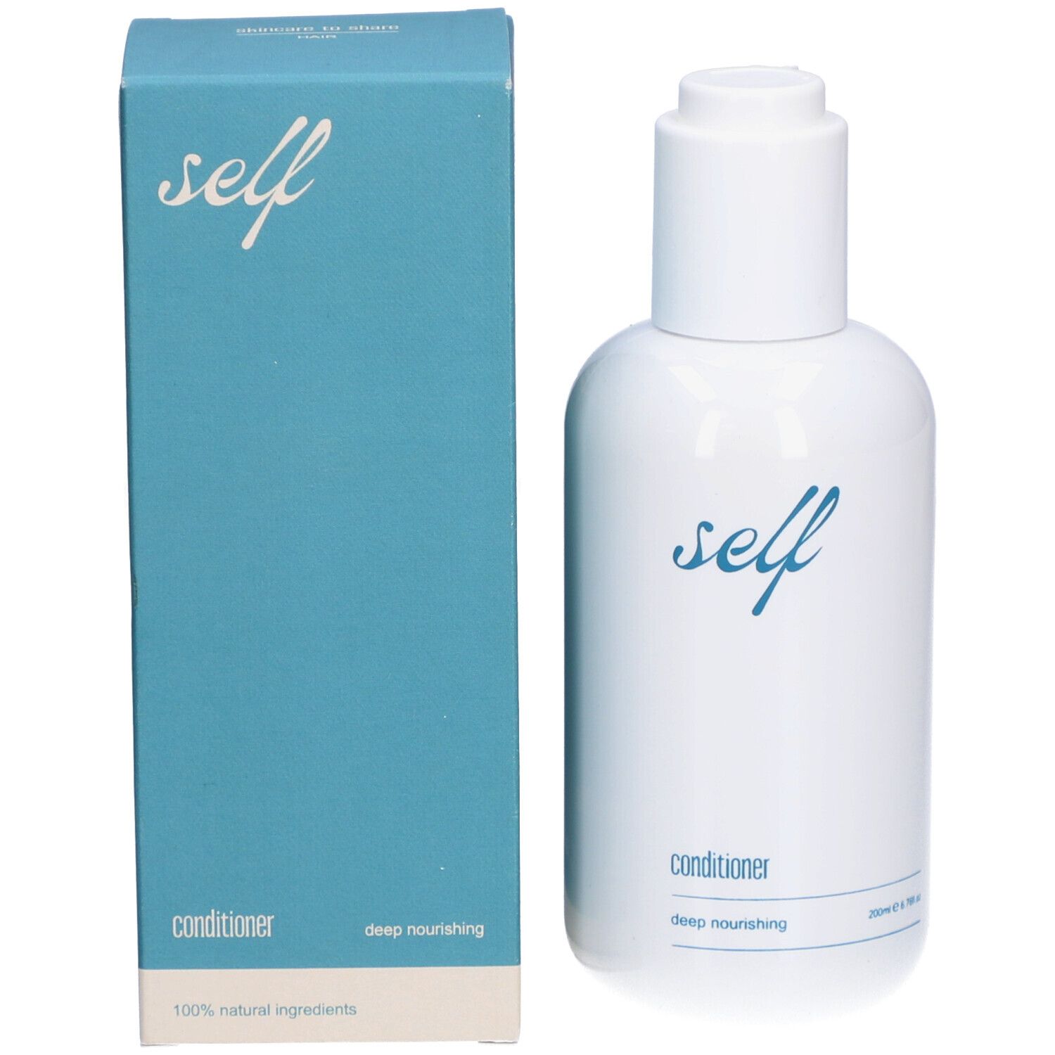 Weiße Flasche und Schachtel. Aufschrift: self, Conditioner, deep nourishing, 100% natürliche Inhaltsstoffe.