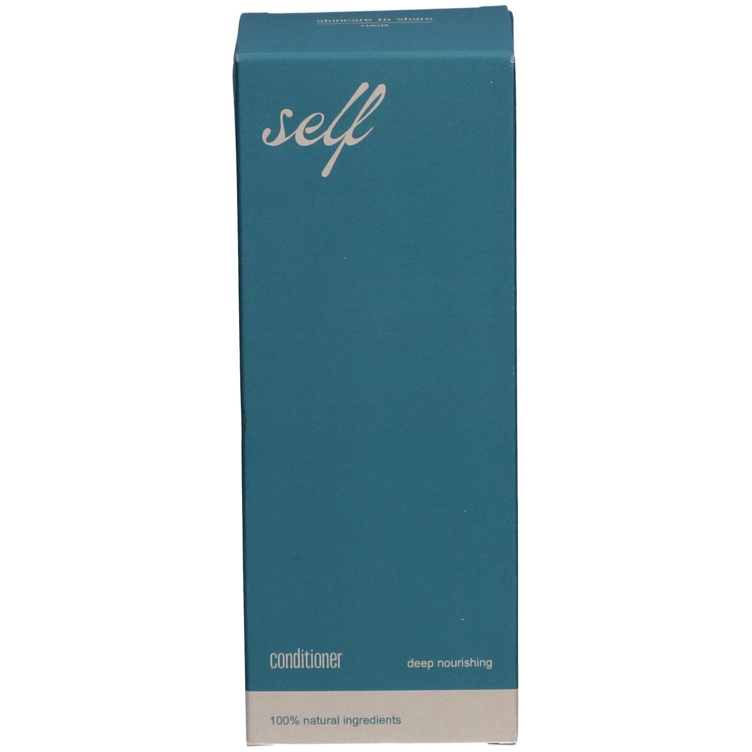 Blaue Schachtel mit Aufschrift: self, Conditioner, deep nourishing, 100% natürliche Inhaltsstoffe.
