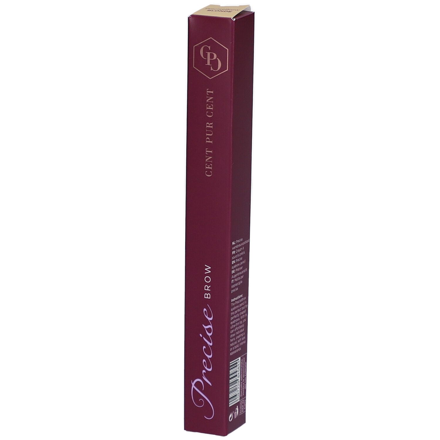 Schmale, längliche Verpackung in Burgunderrot. Aufschrift: Precise Brow, Cent Pur Cent. Logo: GPD.