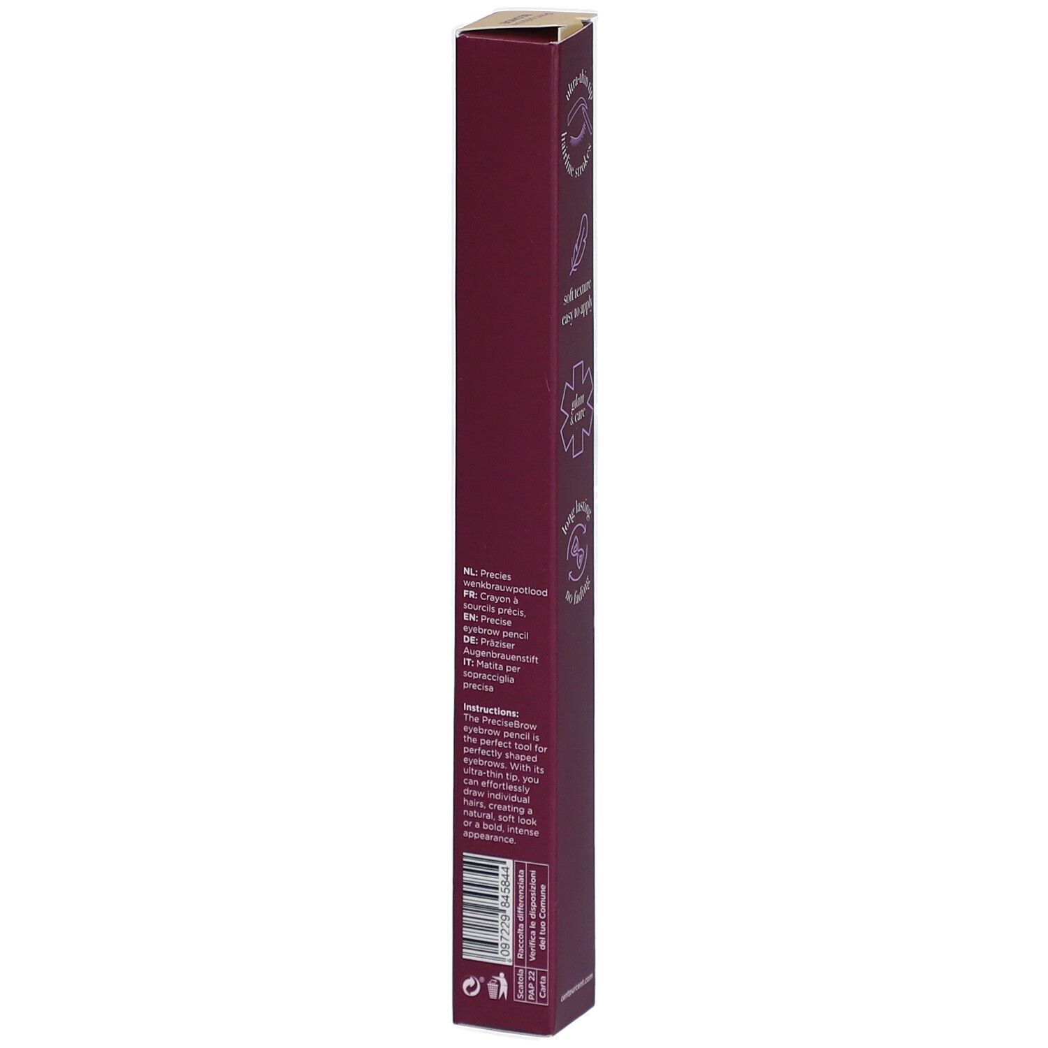 Burgunderrote, längliche Verpackung. Text in mehreren Sprachen. Barcode. Logo: GPD.