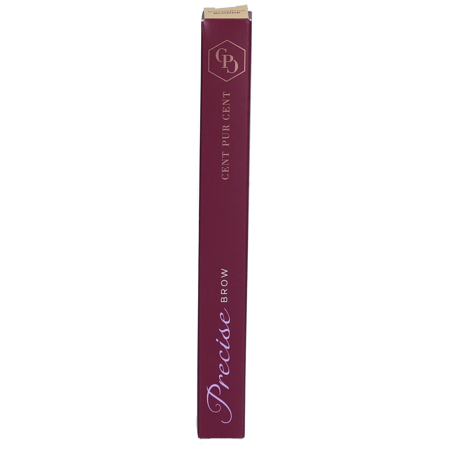 Schmale, längliche Verpackung in Burgunderrot. Aufschrift: Precise Brow, Cent Pur Cent. Logo: GPD.