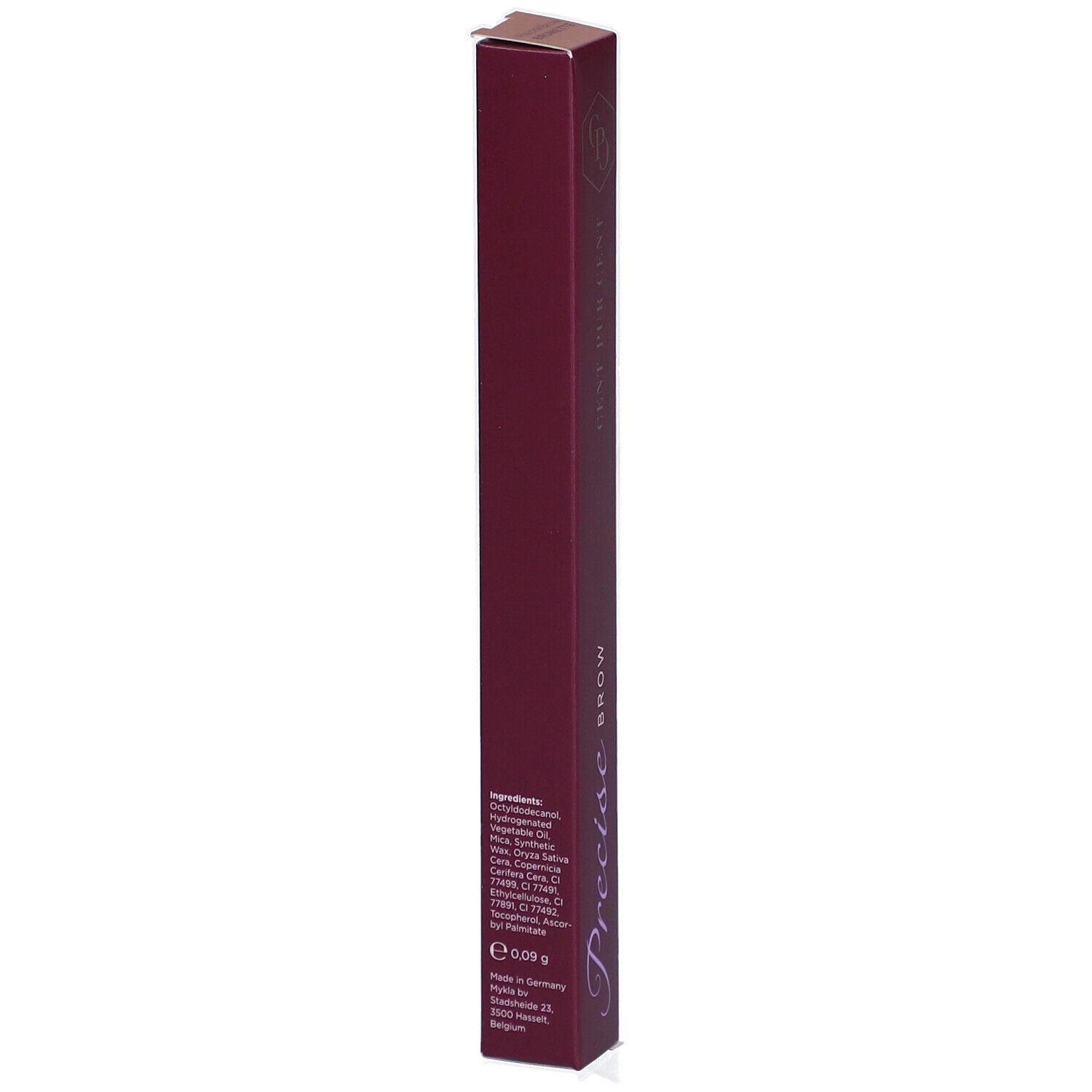 Burgunderrote, längliche Verpackung mit Inhaltsangaben und Barcode. "Precise Brow" und "Cent Pur Cent".