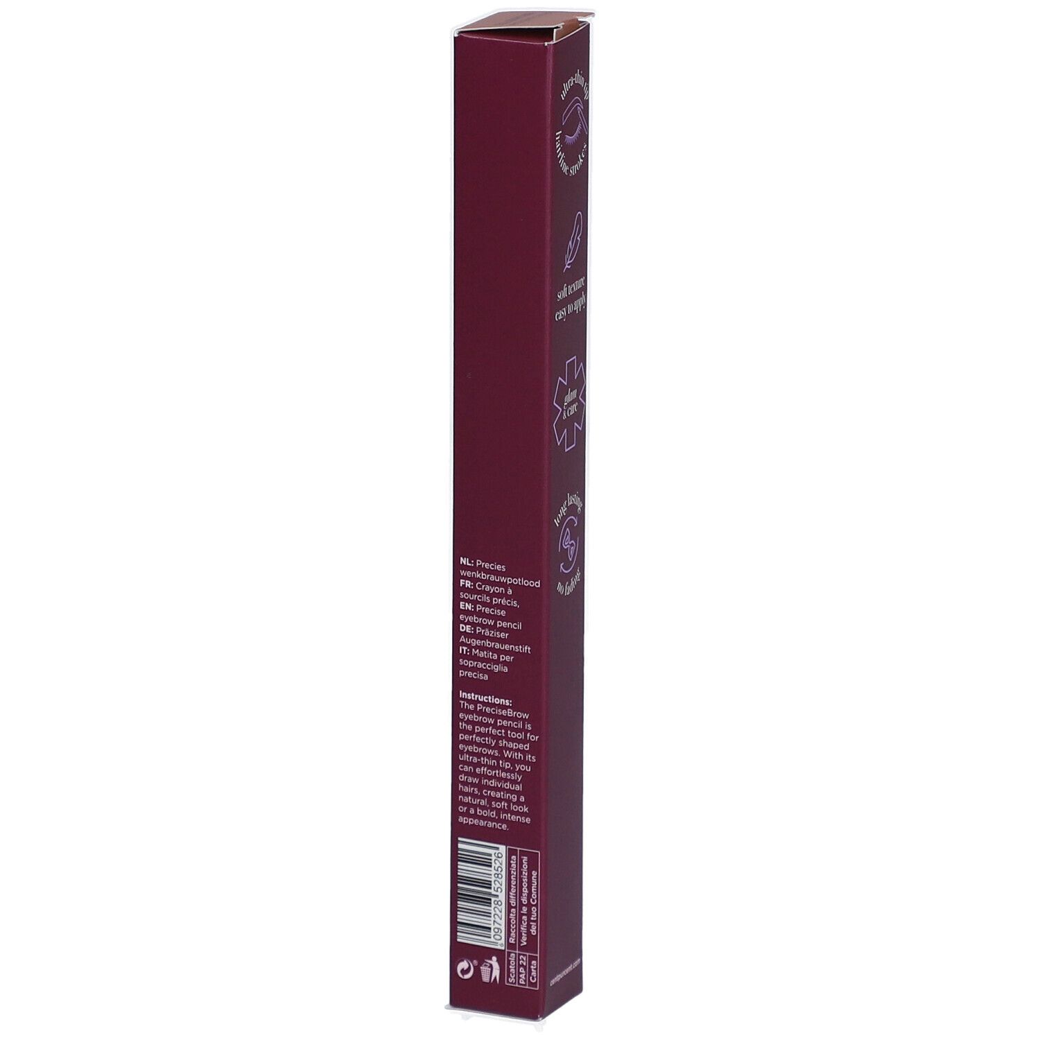 Burgunderrote, längliche Verpackung mit Text und Barcode. "Precise Brow" und "Cent Pur Cent".
