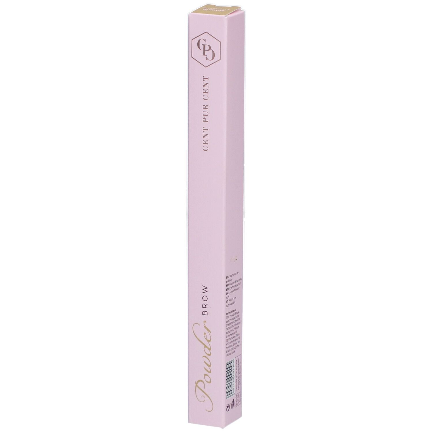 Cent Pur Cent Puder Braue Blondie. Emballage rose. Inscription : Powder Brow. Couvercle doré. Vue verticale.