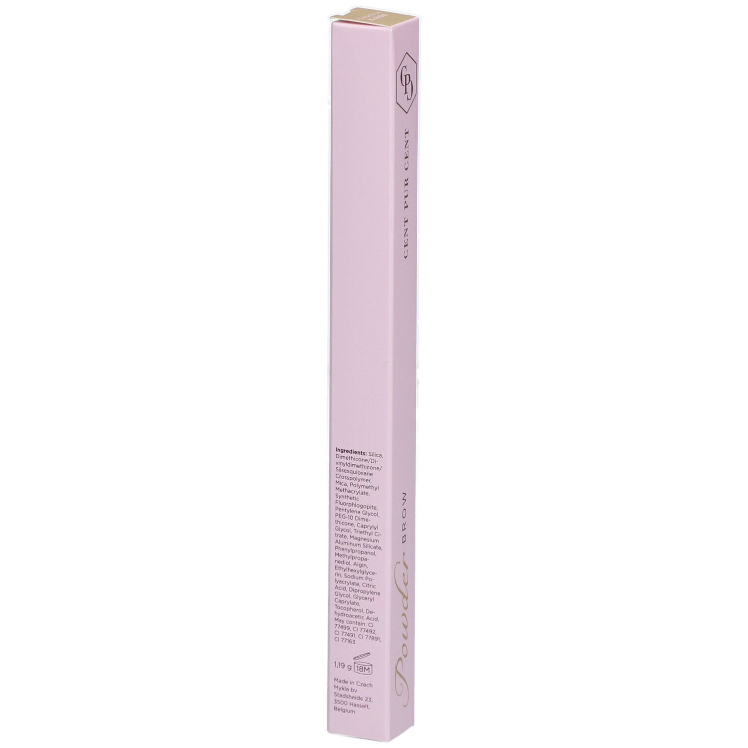 Cent Pur Cent Puder Braue Blondie. Emballage rose. Ingrédients imprimés. Couvercle doré. Vue verticale.