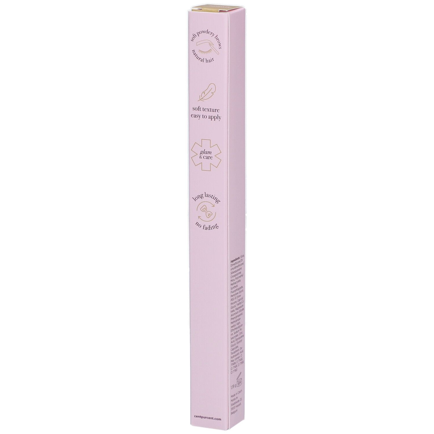 Cent Pur Cent Puder Braue Blondie. Emballage rose. Caractéristiques imprimées. Couvercle doré. Vue verticale.