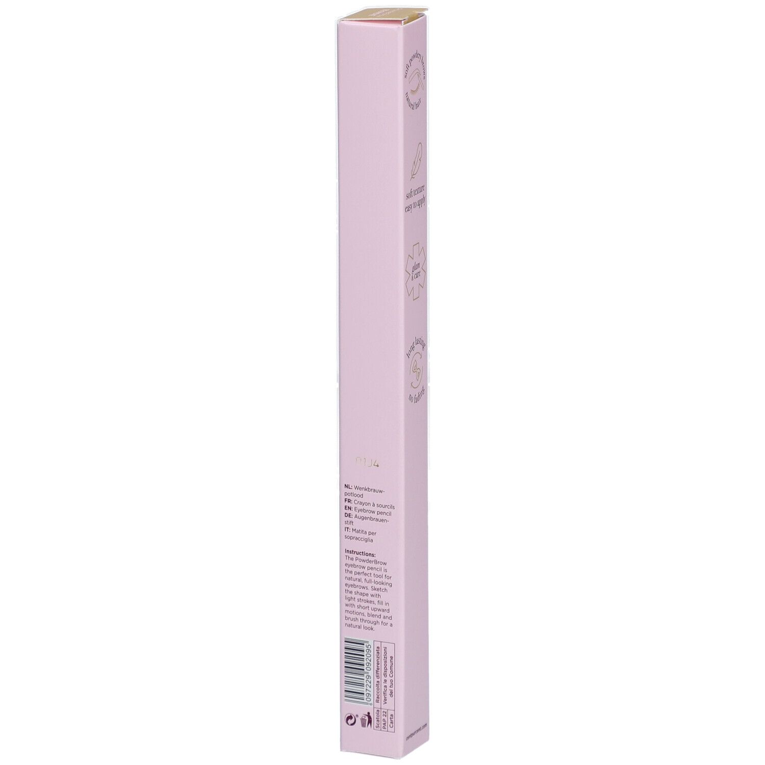 Cent Pur Cent Puder Braue Blondie. Emballage rose. Instructions imprimées. Couvercle doré. Vue verticale.