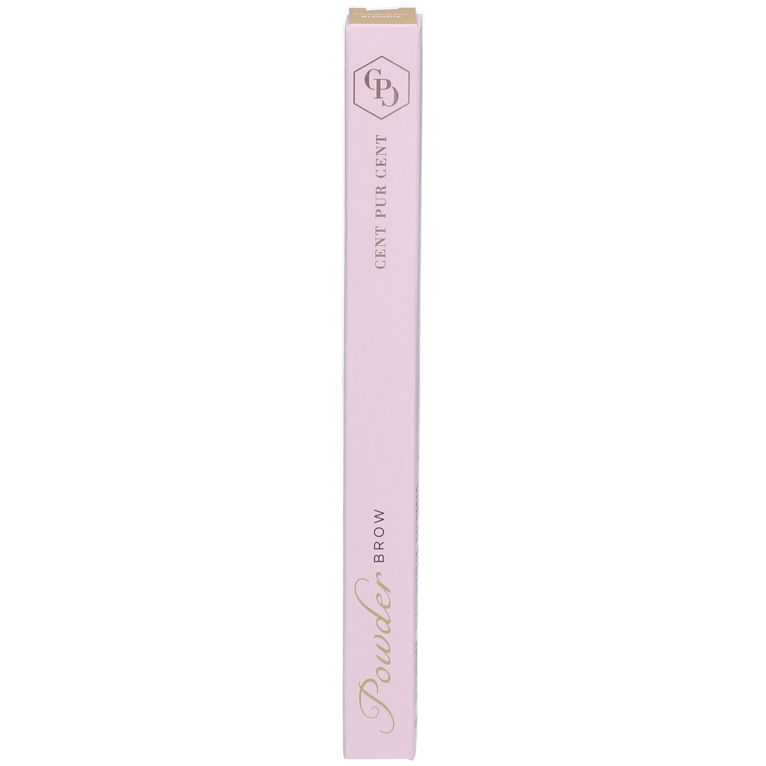 Cent Pur Cent Puder Braue Blondie. Emballage rose. Inscription : Powder Brow. Couvercle doré. Vue verticale.