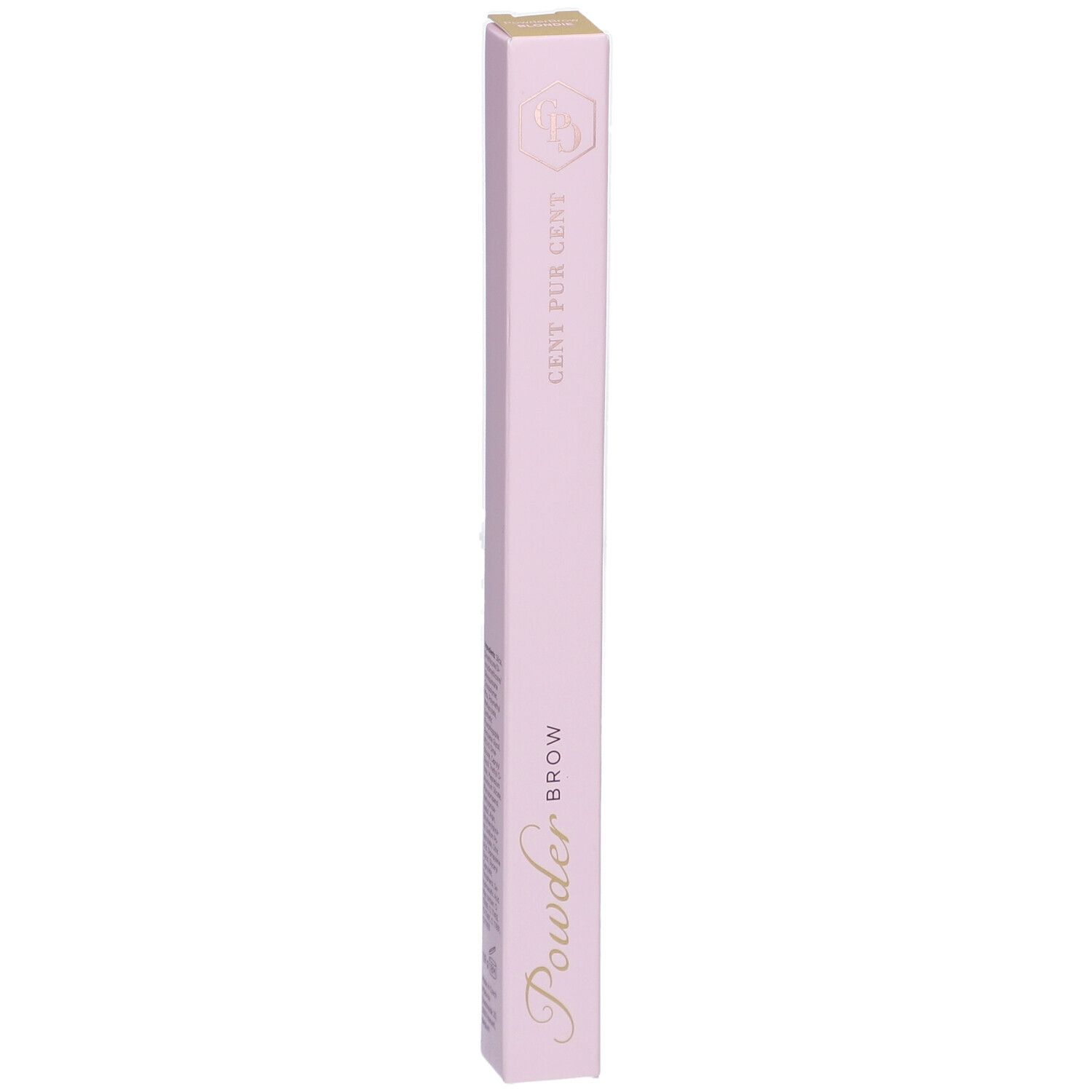 Cent Pur Cent Puder Braue Blondie. Emballage rose. Couvercle doré. Vue verticale.