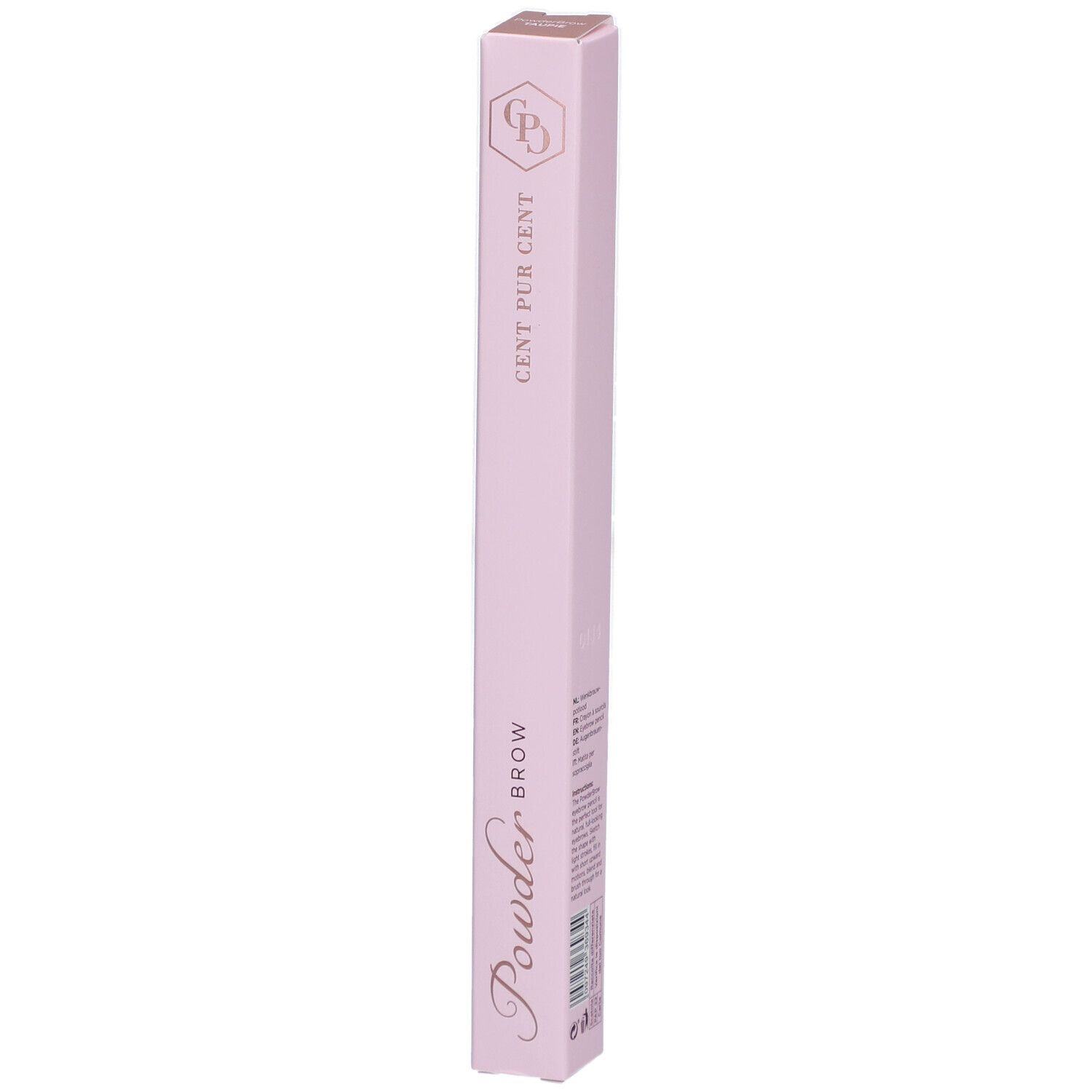 Emballage rose avec nom du produit et logo. Inscription : Cent Pur Cent, Powder Brow.