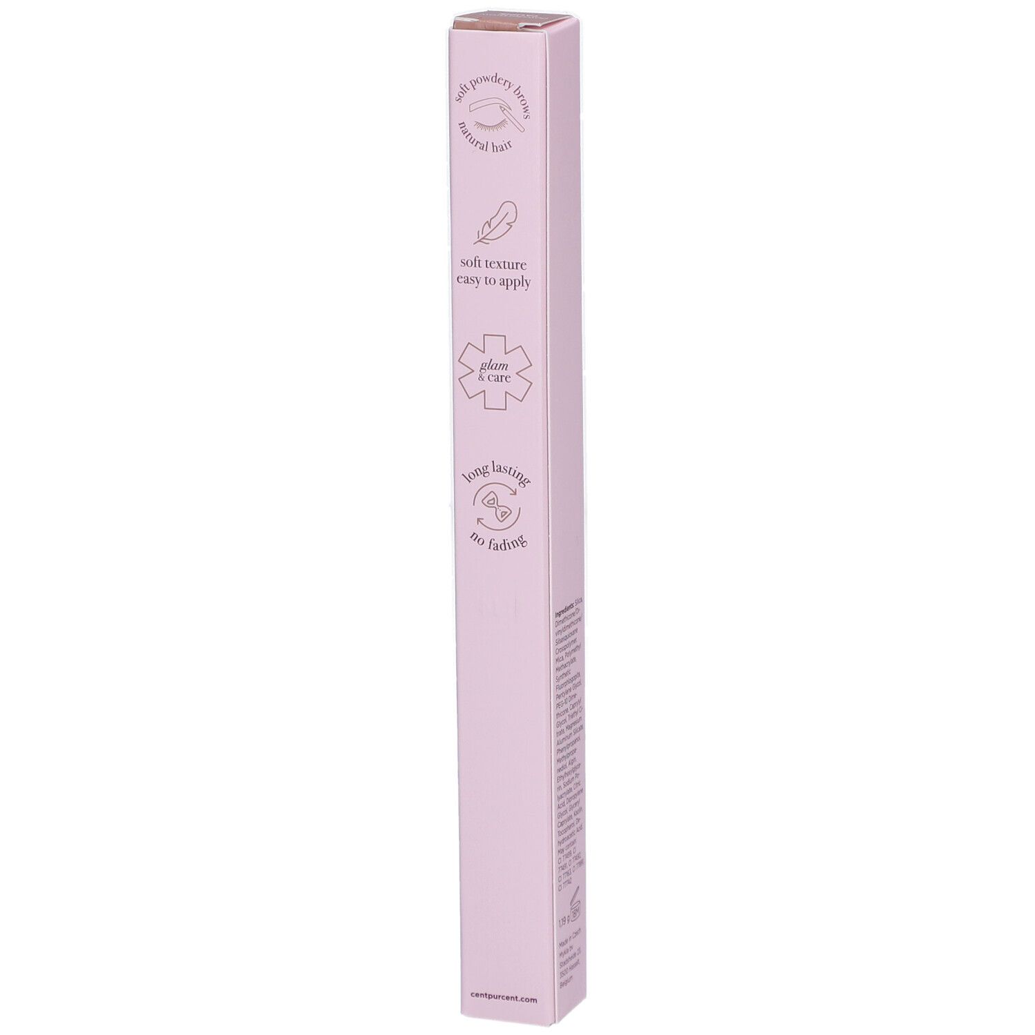 Emballage rose avec icônes. Texte : Avec sourcils poudrés, sourcils naturels, texture douce, facile à appliquer, plus de soin, longue tenue, sans décoloration.