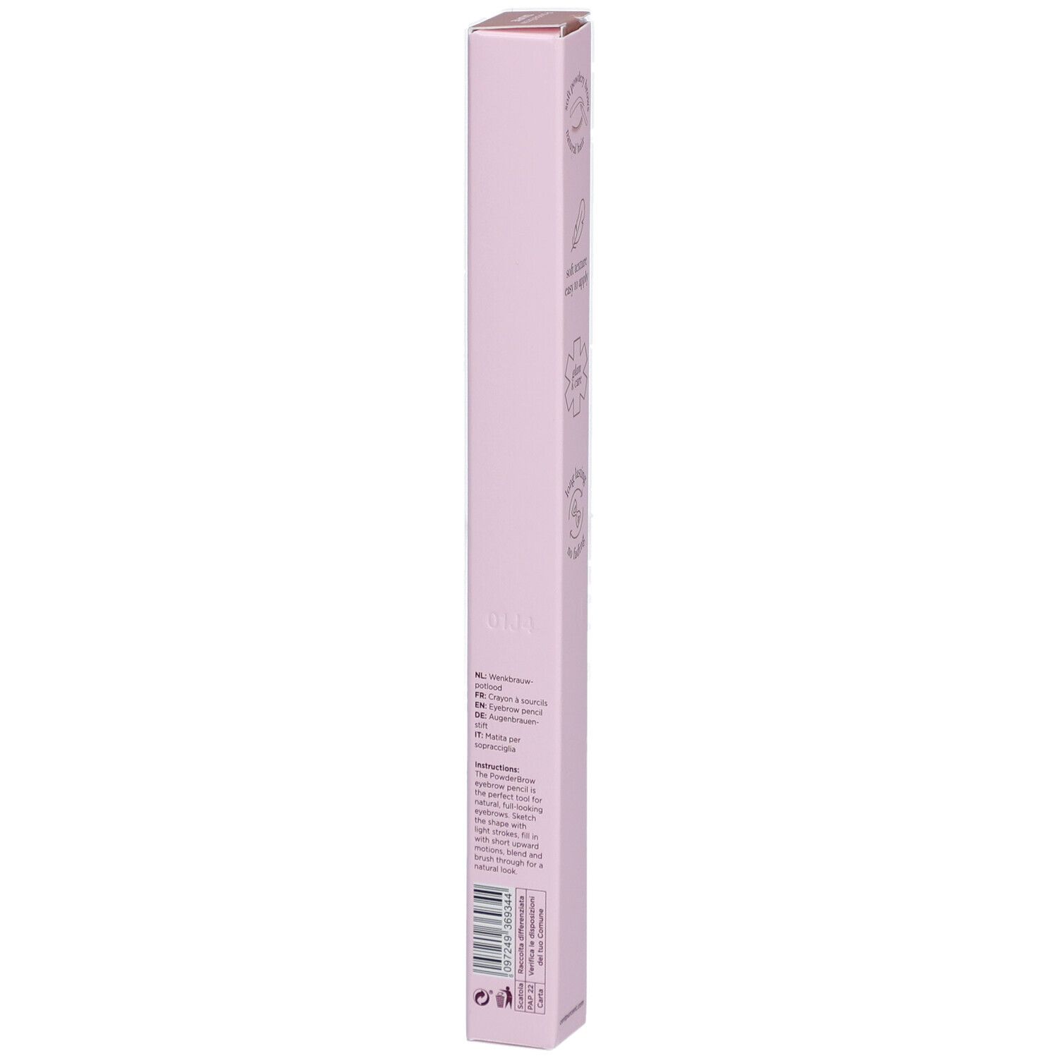 Dos de l'emballage rose. Texte : Instructions d'utilisation, ingrédients, informations du fabricant.