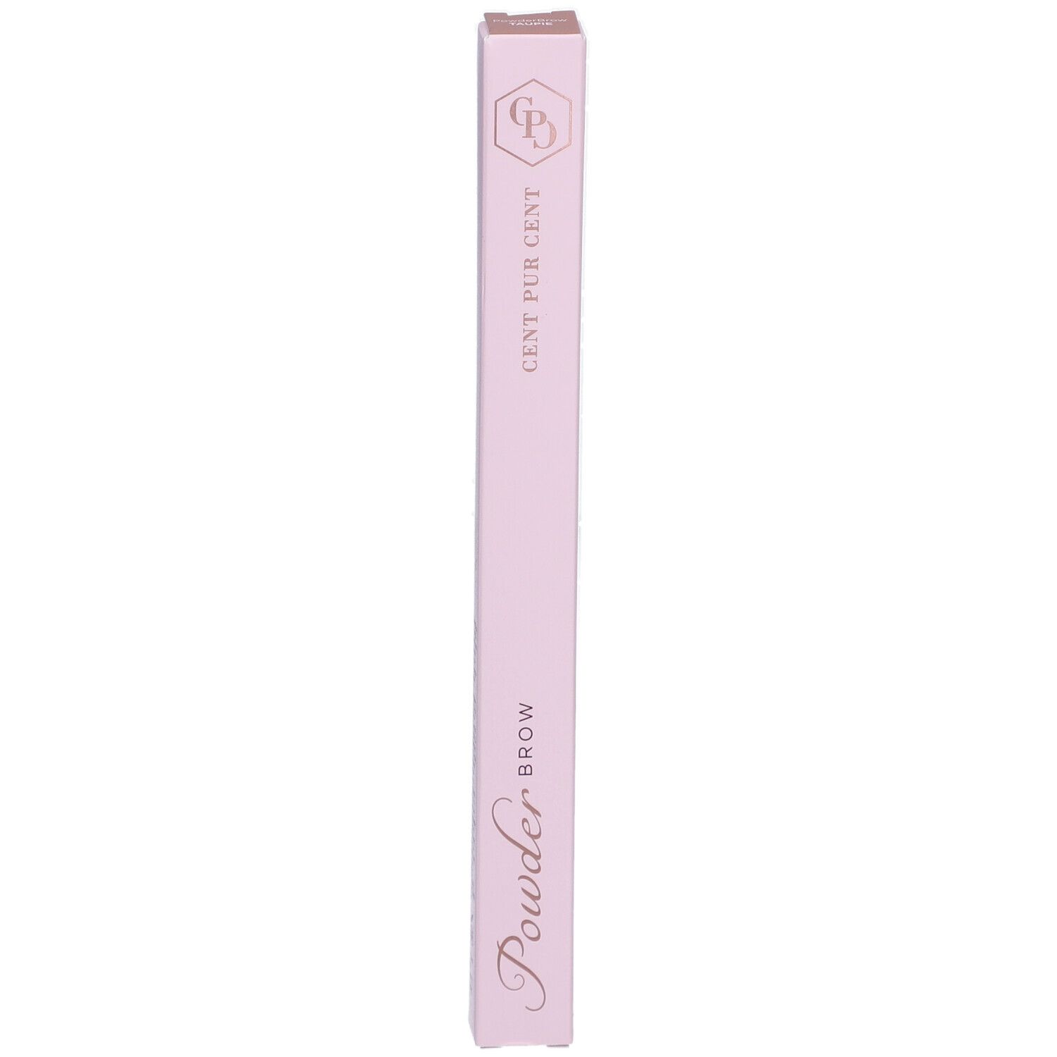Emballage rose avec nom du produit et logo. Inscription : Cent Pur Cent, Powder Brow.