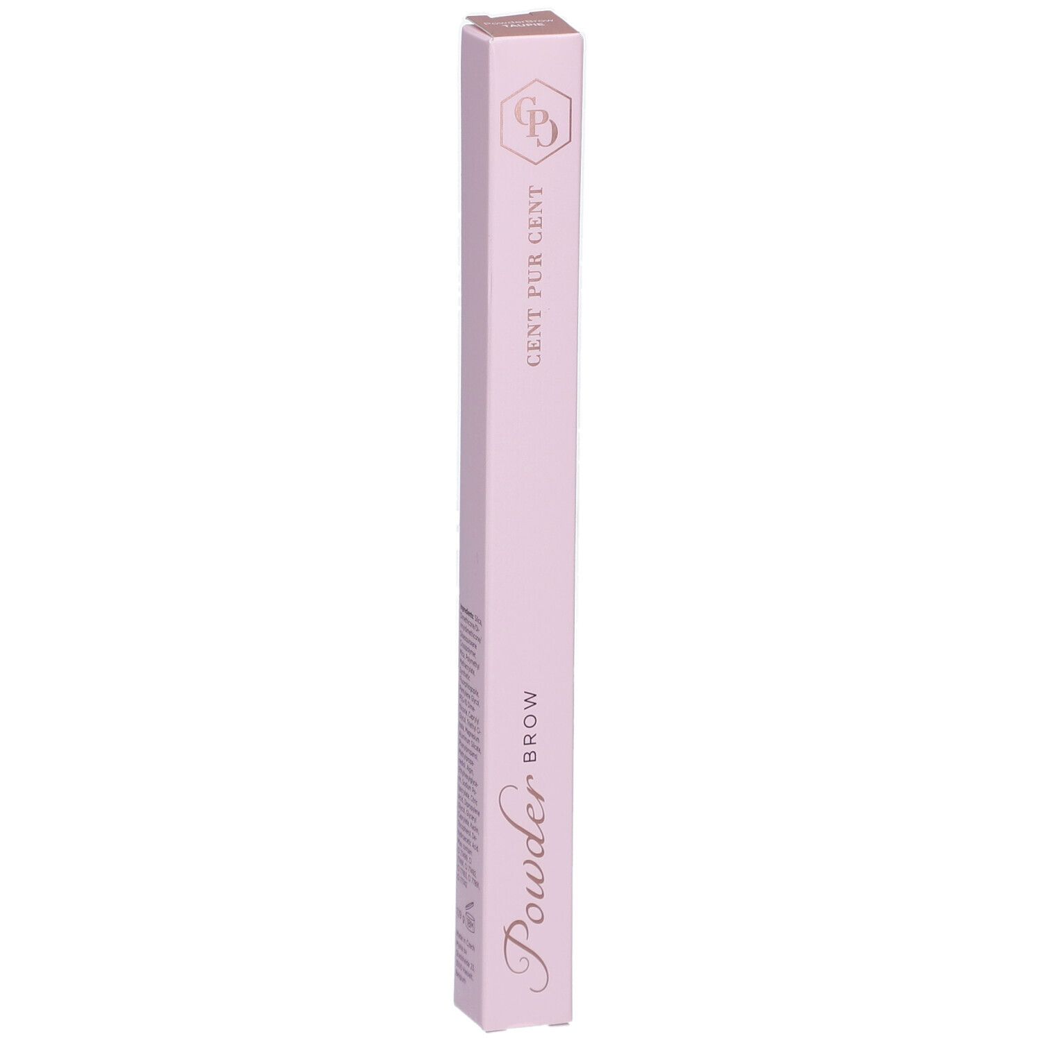 Emballage rose avec nom du produit et logo. Inscription : Cent Pur Cent, Powder Brow.