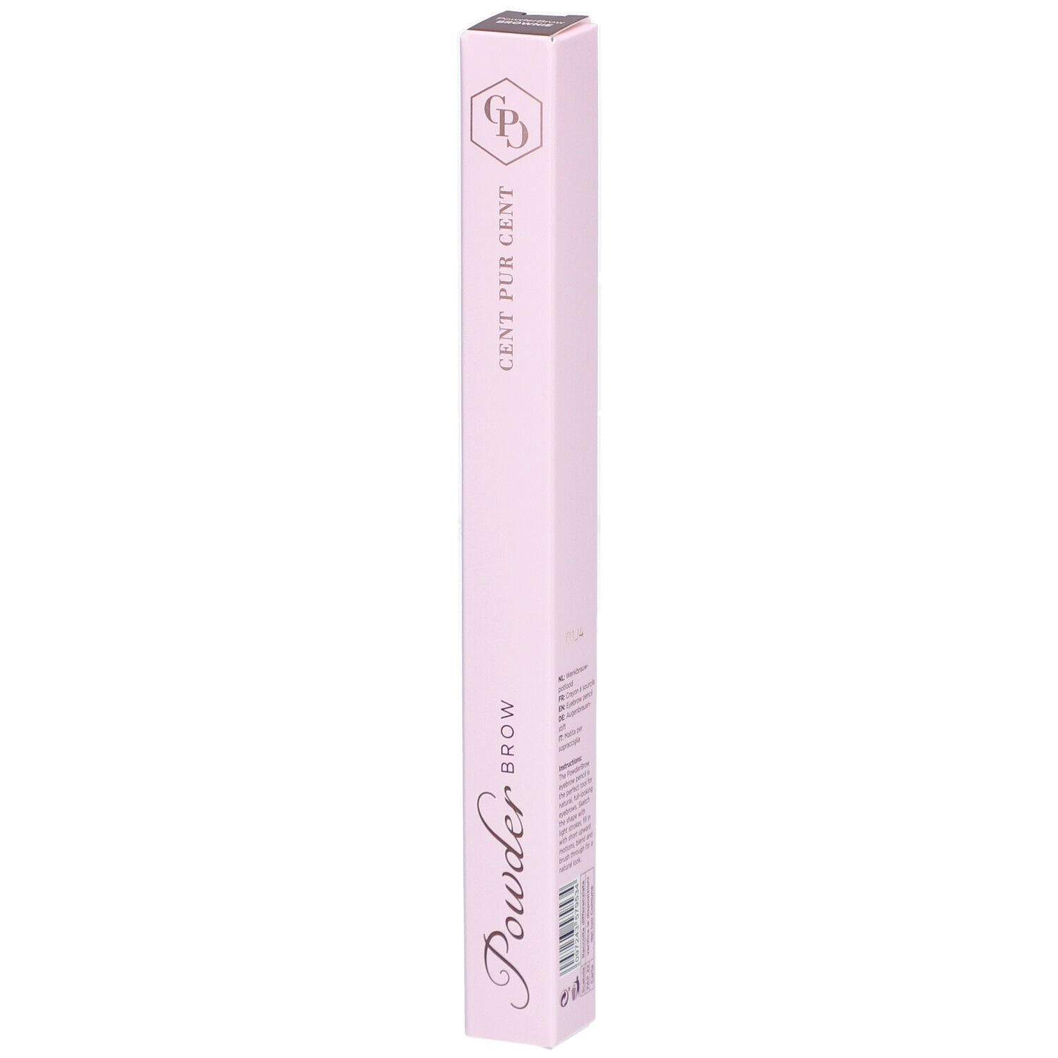 Rosa Verpackung mit Schriftzug CENT PUR CENT und Powder Brow. Oben Logo.