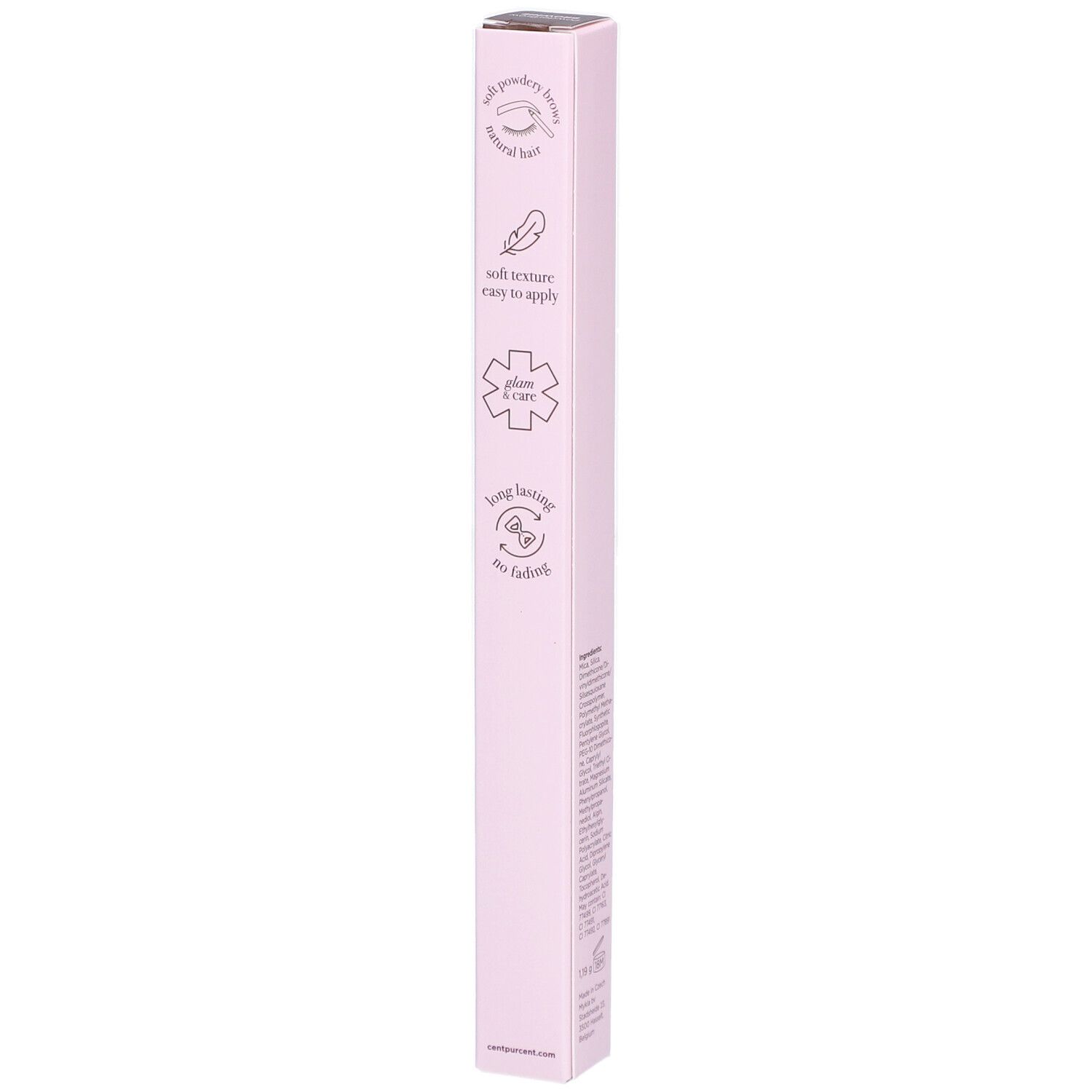 Rosa Verpackung mit Icons: weiche Puderformel, natürliche Haare, einfache Anwendung, vegan.