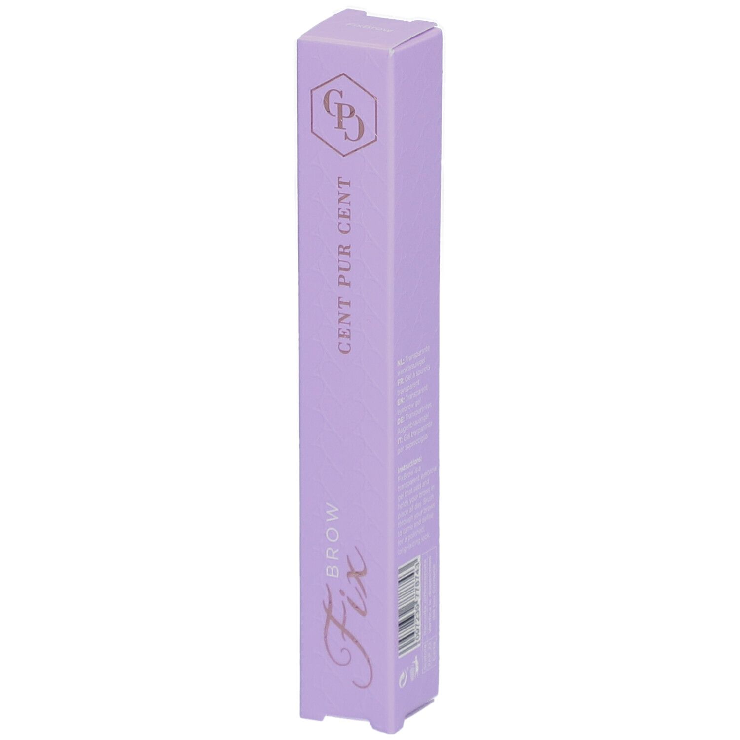 Lilafarbene Verpackung mit goldfarbenem Schriftzug. Aufschrift: CENT PUR CENT, BROW Fix. Logo oben.