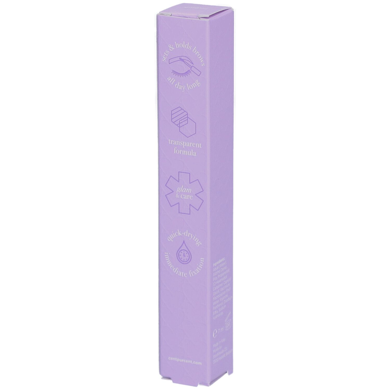 Lilafarbene Verpackung mit Symbolen und Text. Aufschrift: transparent formula, skin care, quick-dry, moisture-proof.