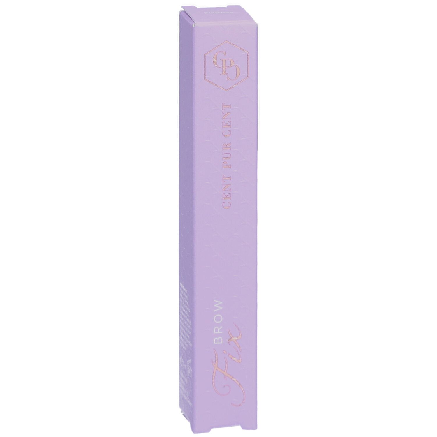 Lilafarbene Verpackung mit goldfarbenem Schriftzug. Aufschrift: CENT PUR CENT, BROW Fix. Logo oben.