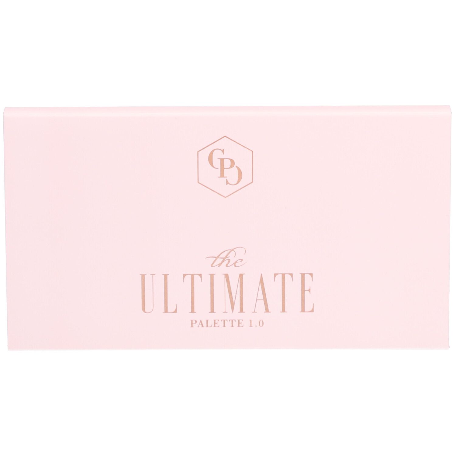 Rosa Lidschatten-Palette. Logo und Schriftzug "The Ultimate Palette 1.0" in Gold. Rechteckige Form.