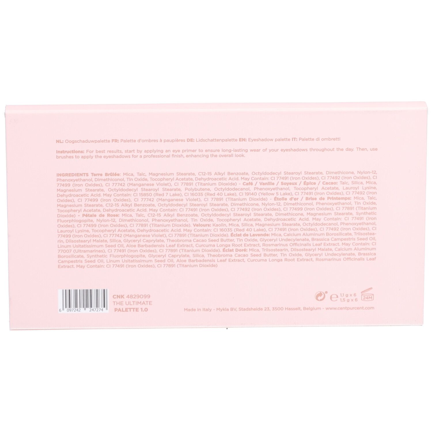 Rückseite der rosa Lidschatten-Palette. Text mit Inhaltsstoffen und Anweisungen. Barcode und Logo.