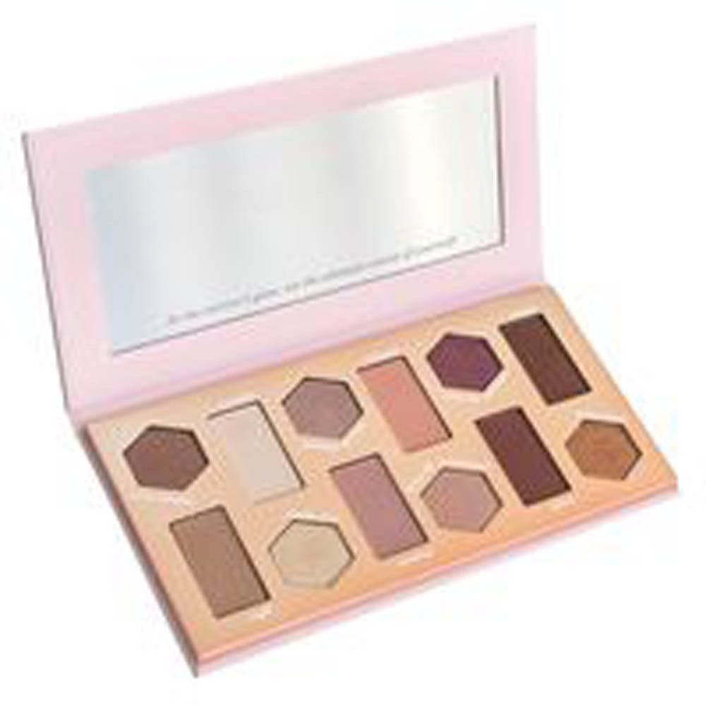 Palette de fards à paupières ouverte avec miroir. Douze teintes de différentes formes. Cadre rose.