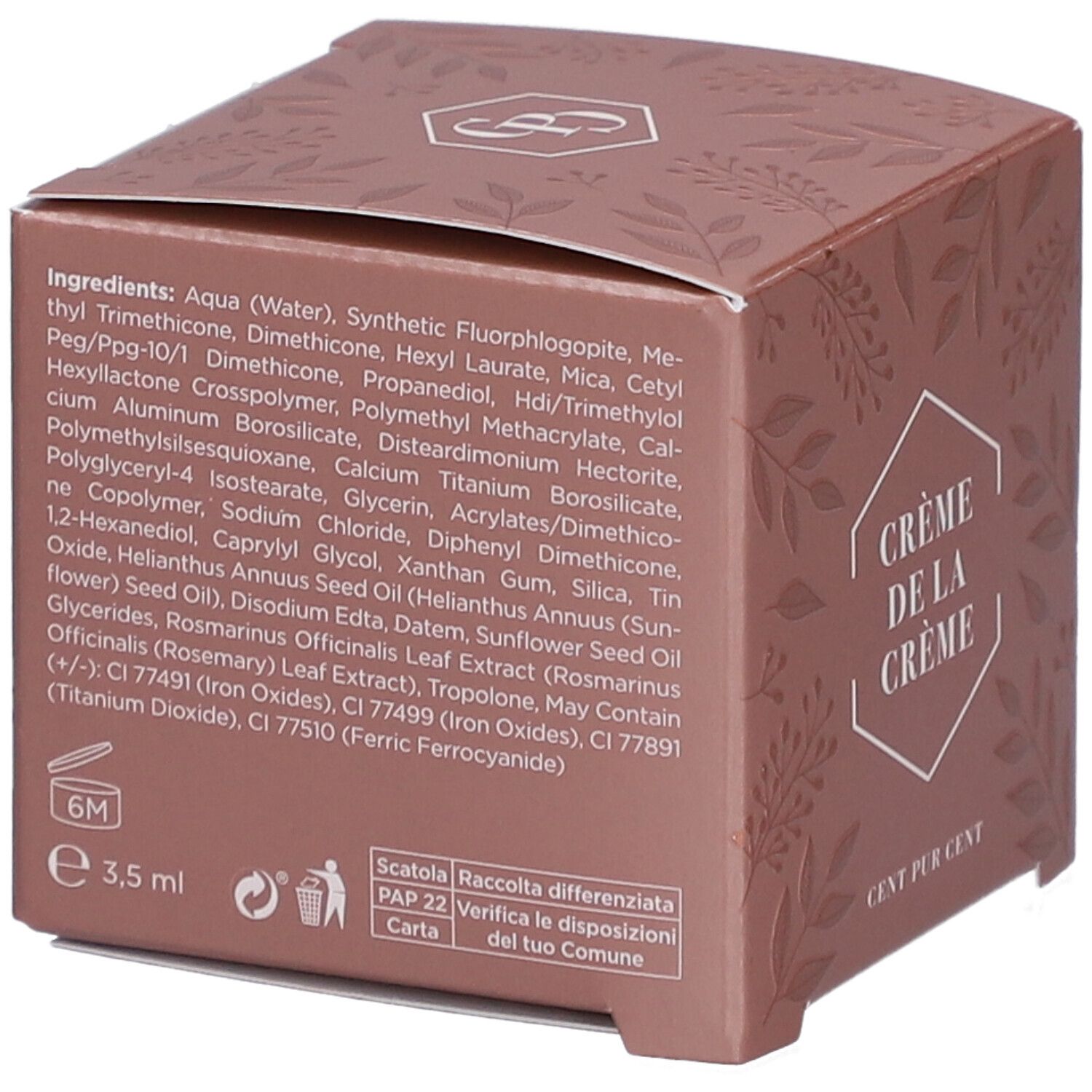 Rückseite der braunen Verpackung mit Inhaltsstoffen und Text: Crème de la Crème, Cent Pur Cent. Enthält Text in NL, FR, EN, DE, IT.