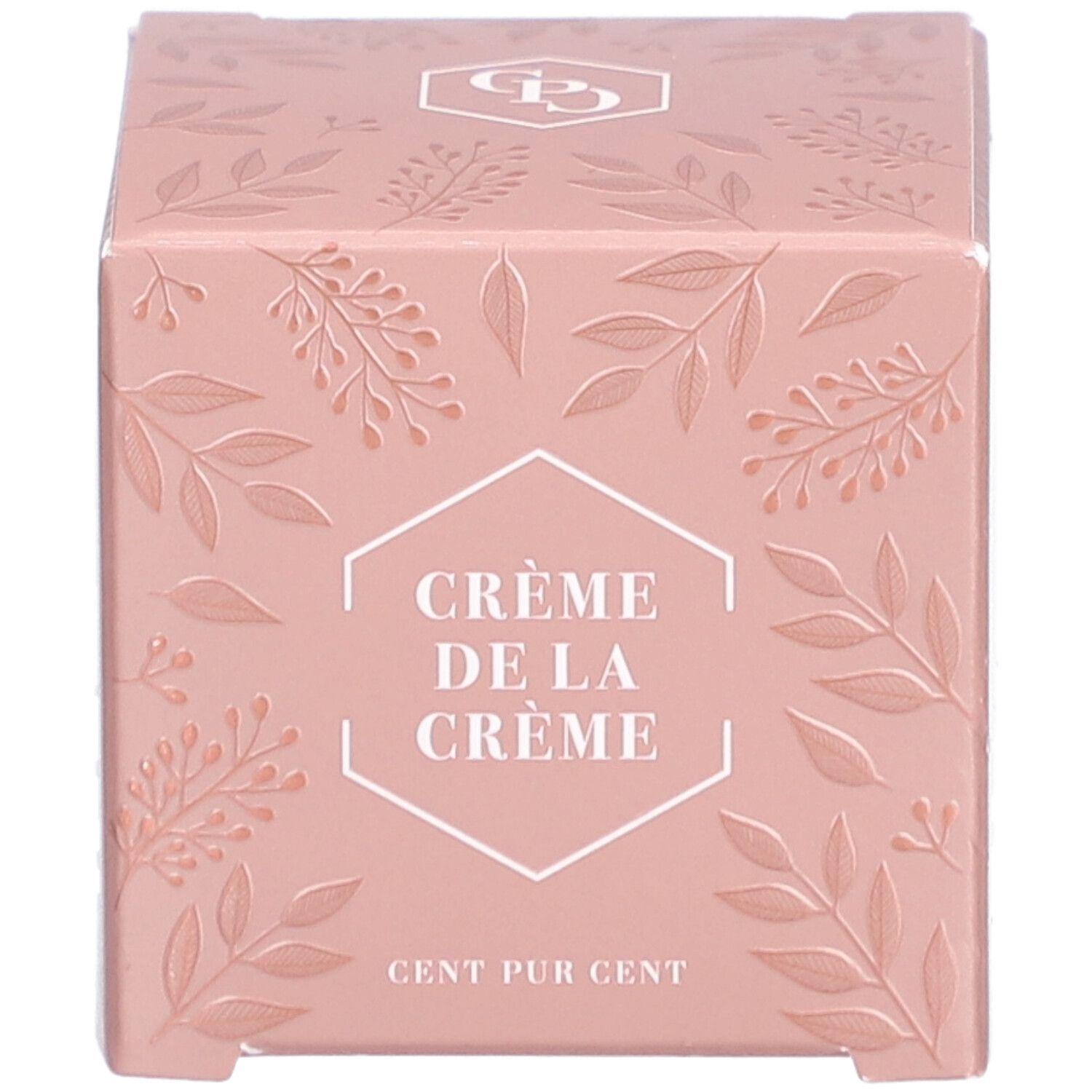 Rosa Verpackung mit floralem Muster und Text: Crème de la Crème, Cent Pur Cent.