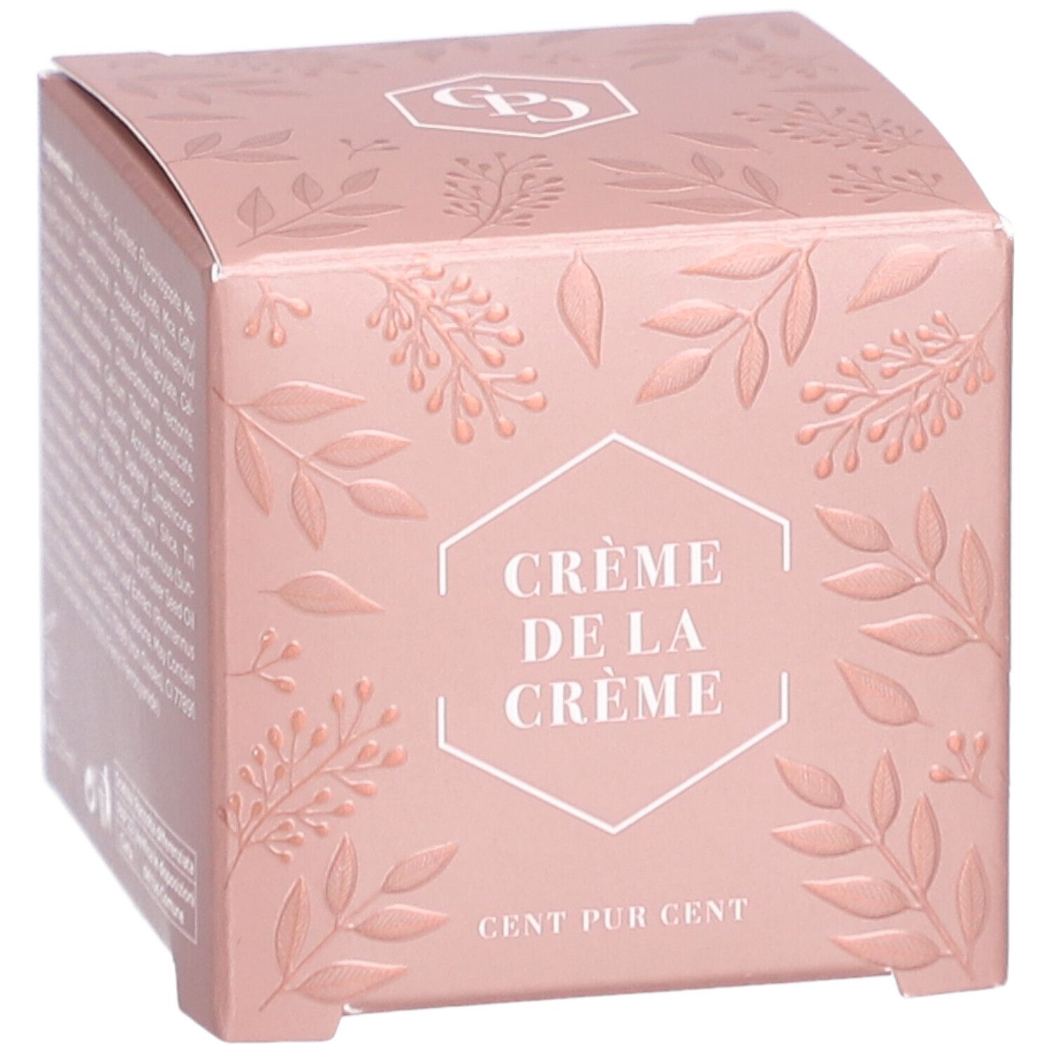 Rosa Verpackung mit floralem Muster und Text: Crème de la Crème, Cent Pur Cent.