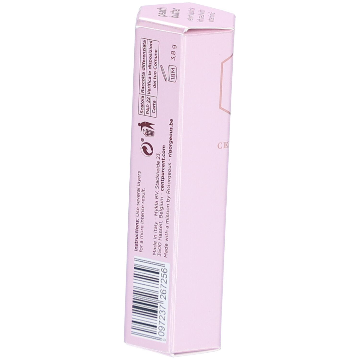 Rosa Lippenstiftverpackung, Seitenansicht. Aufschrift: 3,8 g. Barcode. Informationen zu Inhaltsstoffen und Hersteller.