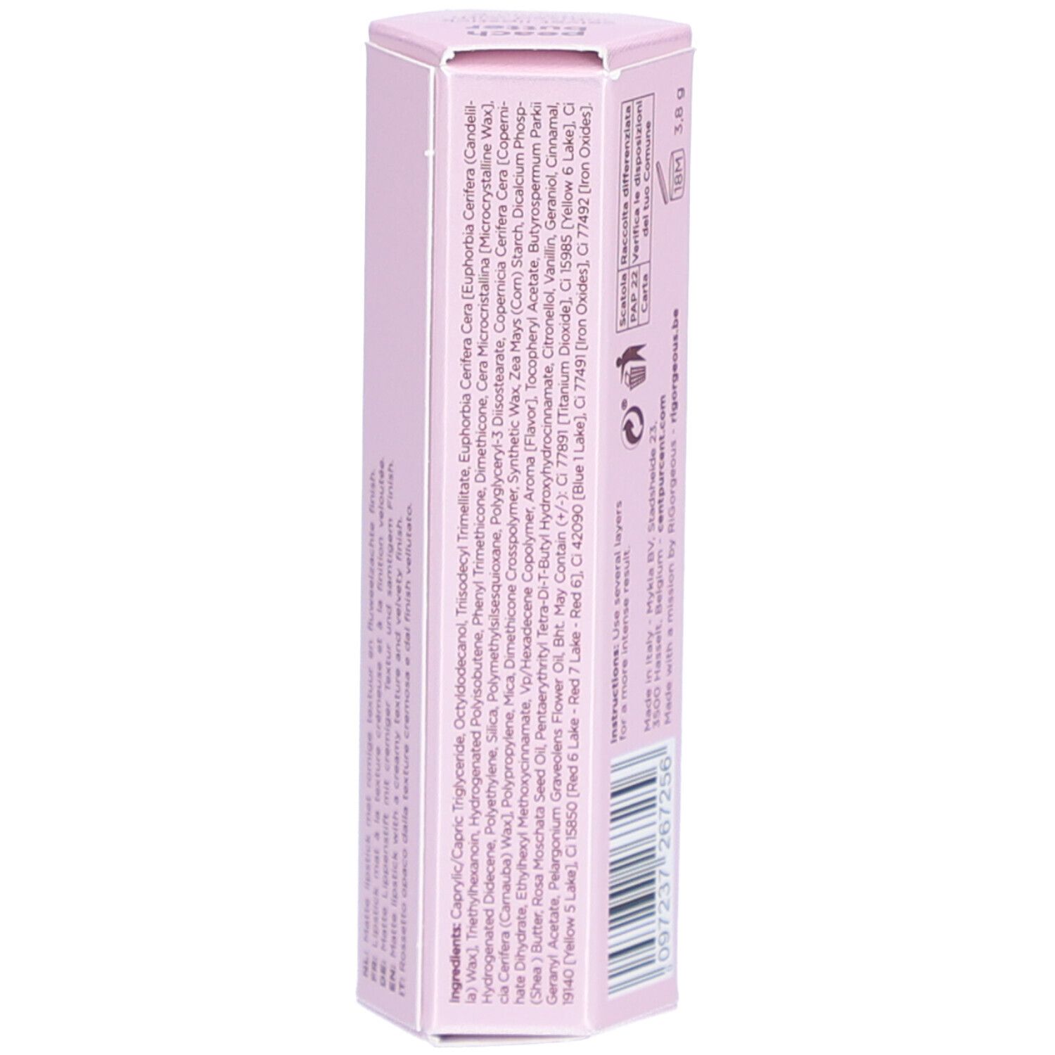 Rosa Lippenstiftverpackung, Rückseite. Auflistung der Inhaltsstoffe in englischer Sprache. Herstellerinformationen.