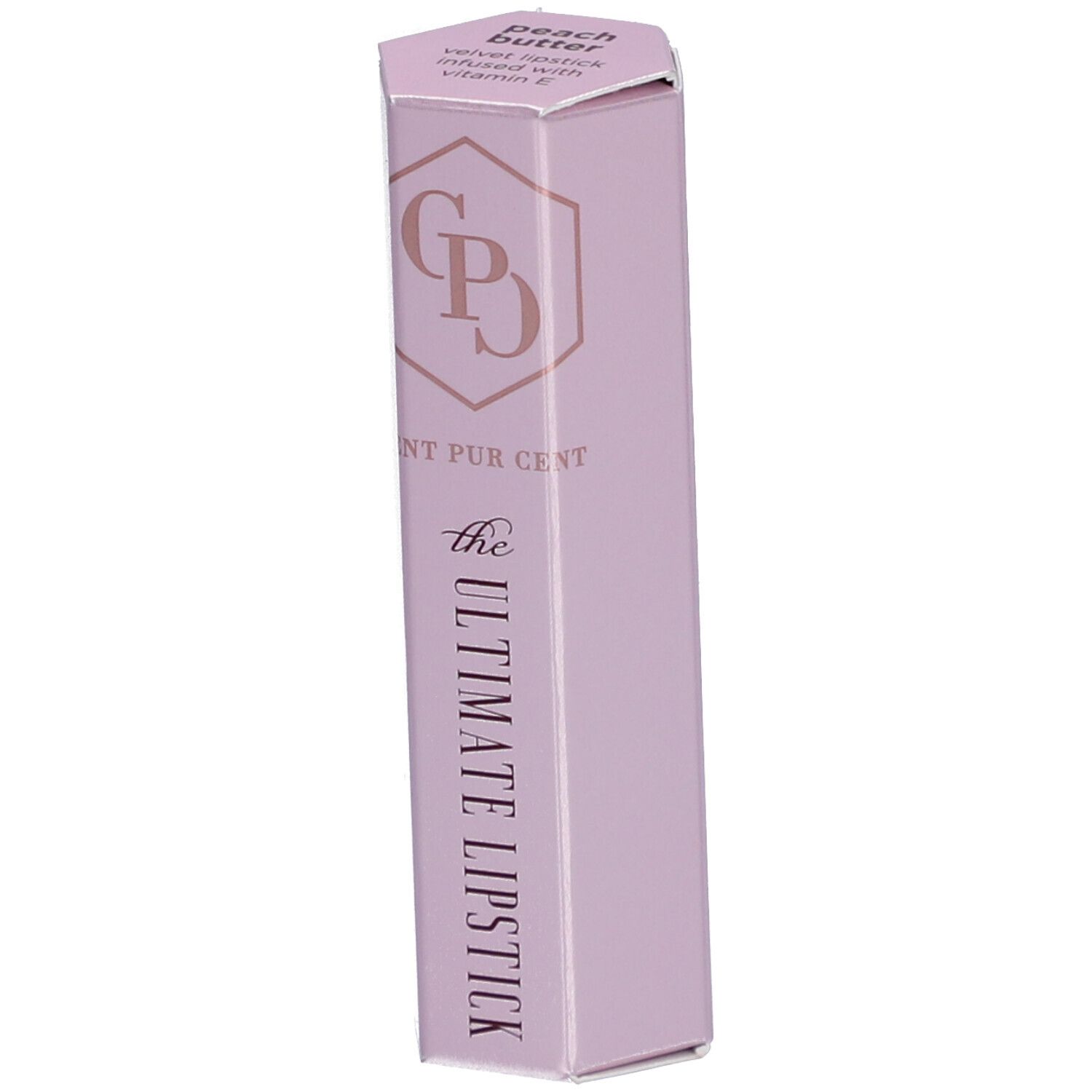 Rosa Lippenstiftverpackung, schräg. Aufschrift: CENT PUR CENT, THE ULTIMATE LIPSTICK. Oben: Peach Butter.