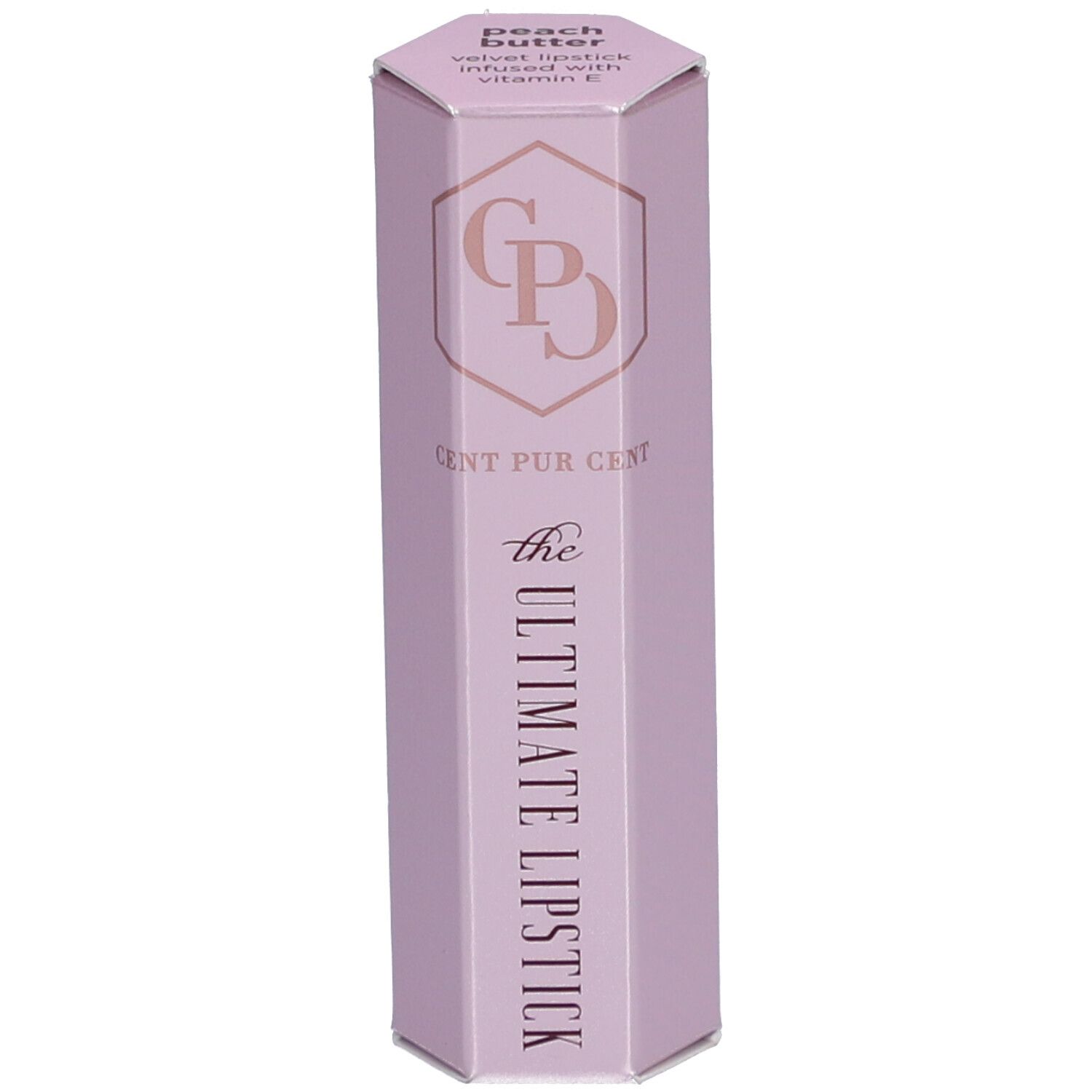 Lippenstift-Verpackung, sechseckig, rosa. Aufschrift: CENT PUR CENT, THE ULTIMATE LIPSTICK. Oben: Peach Butter.