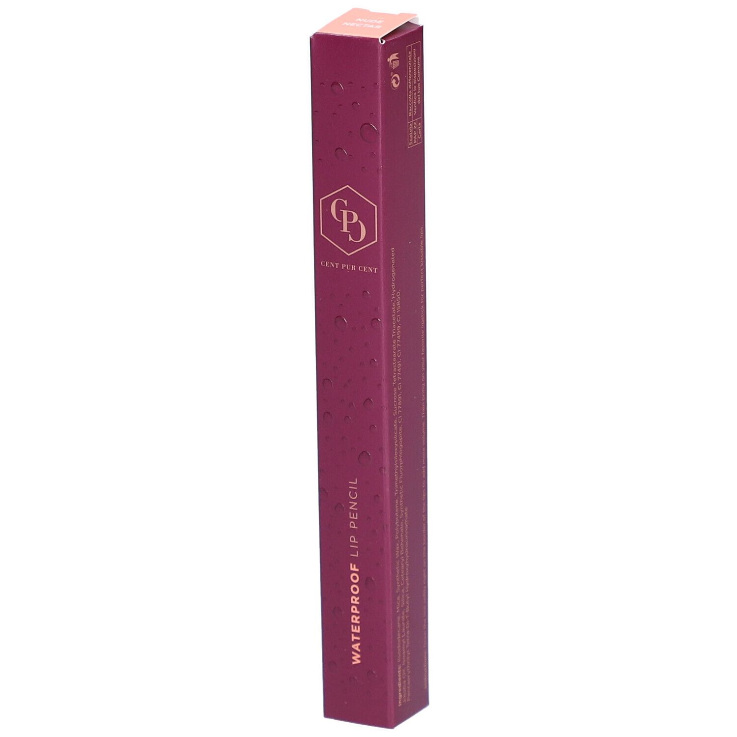 Emballage de crayon à lèvres, oblong, bordeaux. Inscription : WATERPROOF LIP PENCIL. Logo : CPD. Couvercle rose.