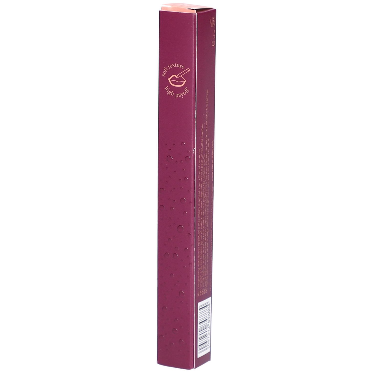 Emballage de crayon à lèvres, oblong, bordeaux. Inscription : soft texture, high payoff. Logo : CPD. Couvercle rose.