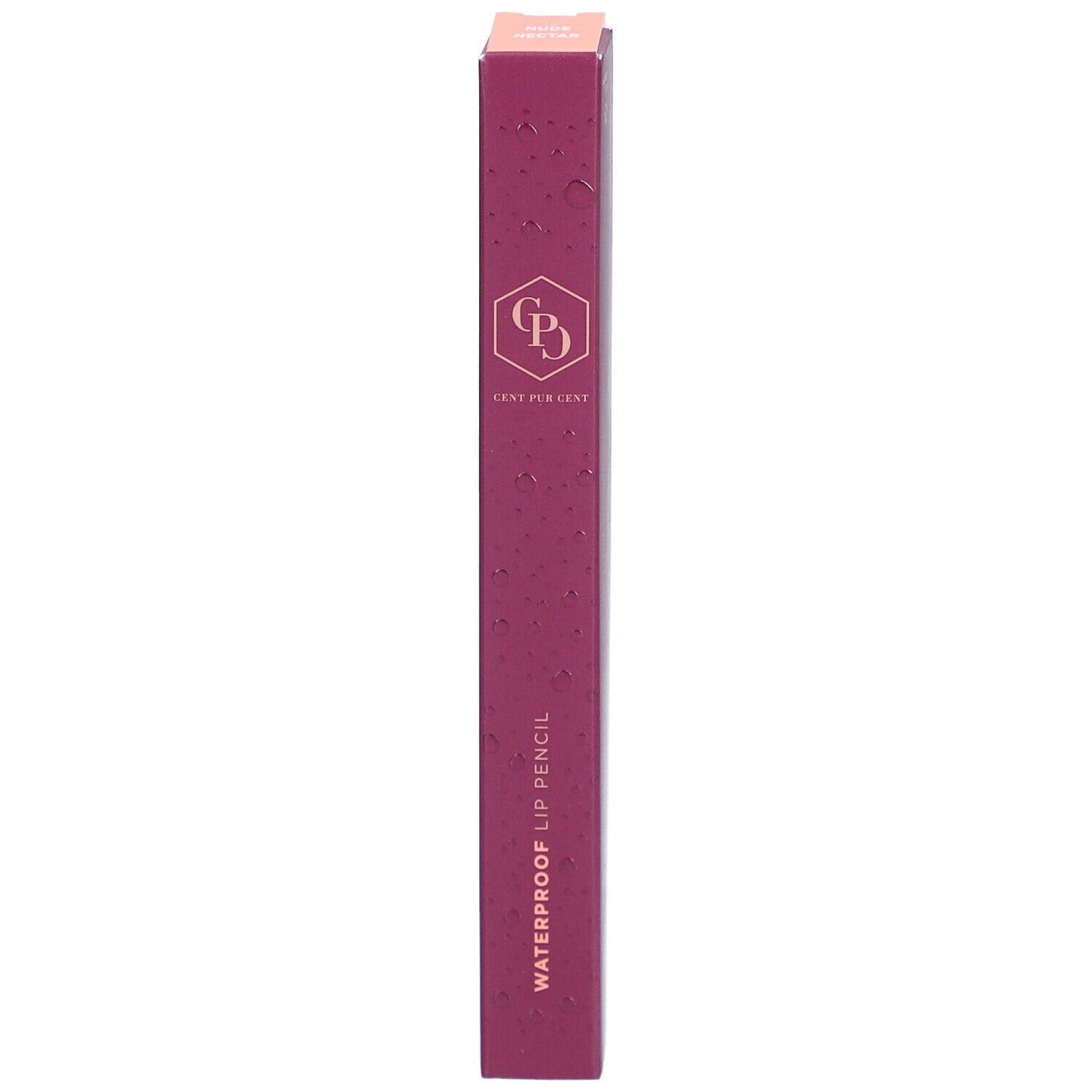 Emballage de crayon à lèvres, oblong, bordeaux. Inscription : WATERPROOF LIP PENCIL. Logo : CPD. Couvercle rose.