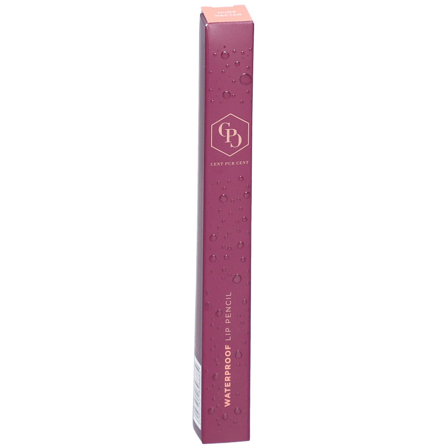 Emballage de crayon à lèvres, oblong, bordeaux. Inscription : WATERPROOF LIP PENCIL. Logo : CPD. Couvercle rose.