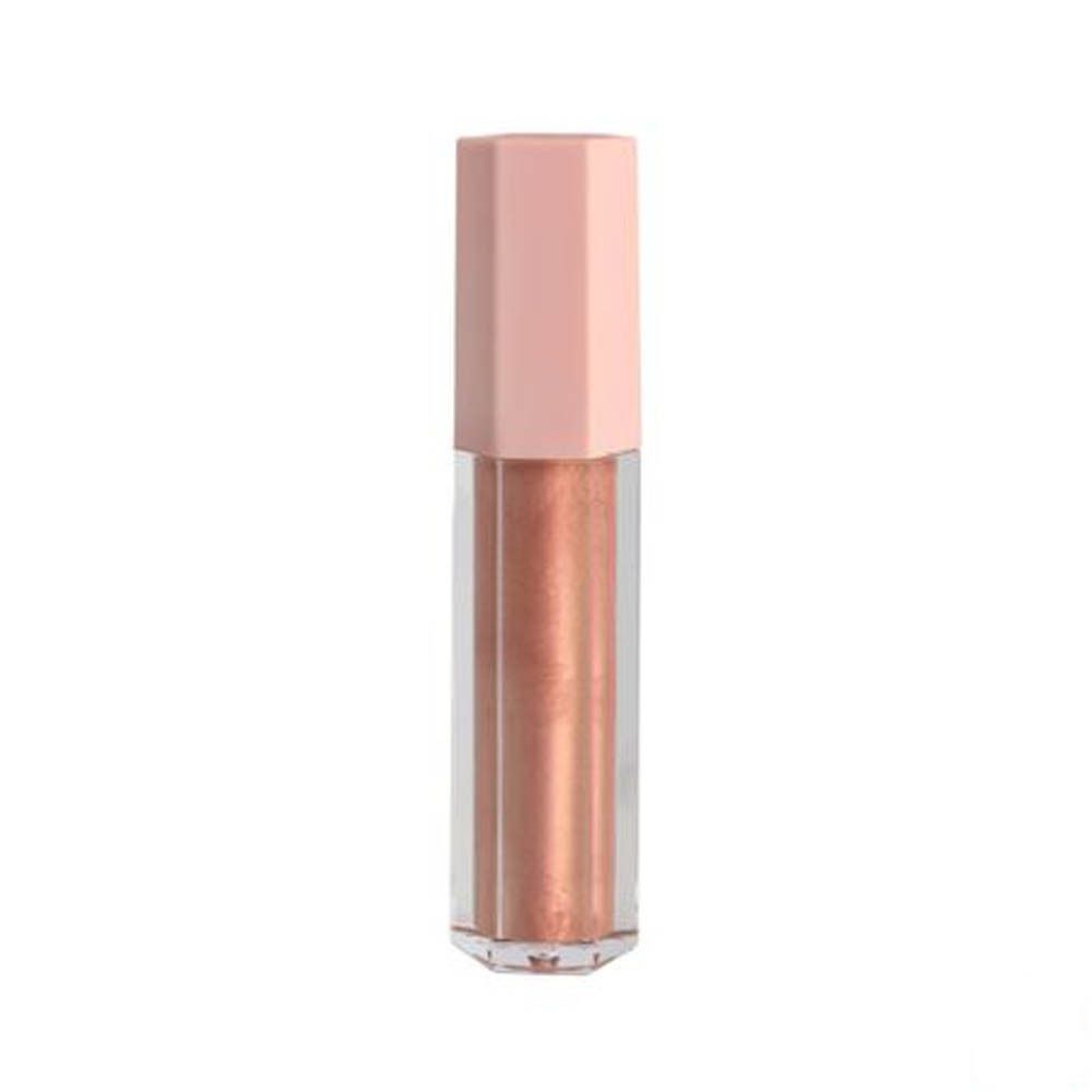 Tube de gloss avec bouchon rose. Contenu : scintillant doré. Tube transparent.