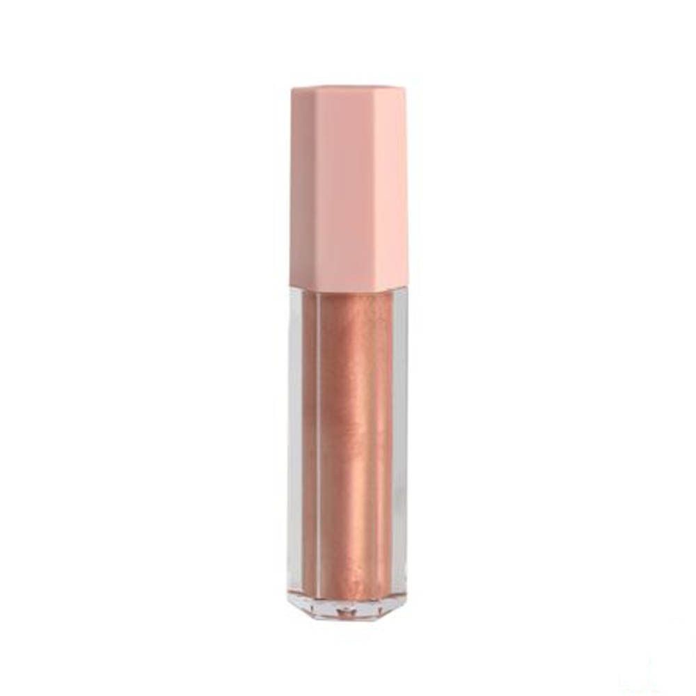 Lipglosstube met roze dop. Inhoud: goudkleurig glinsterend. Transparante tube.