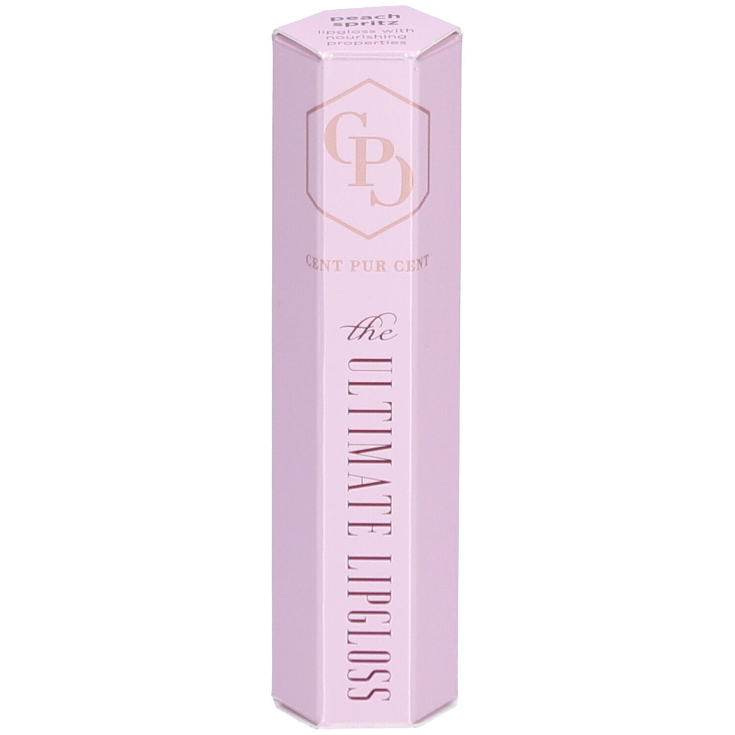 Hellrosa Lipgloss-Verpackung. Aufschrift: Cent Pur Cent, The Ultimate Lipgloss. Oben: Peach Spritz.