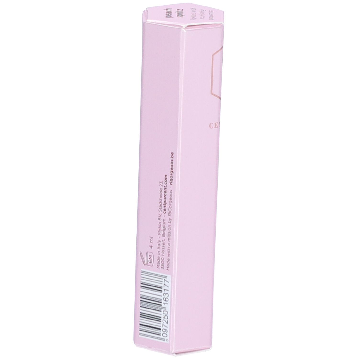 Hellrosa Lipgloss-Verpackung. Aufschrift: Cent Pur Cent, The Ultimate Lipgloss. Auf der Seite: Informationen und Barcode.