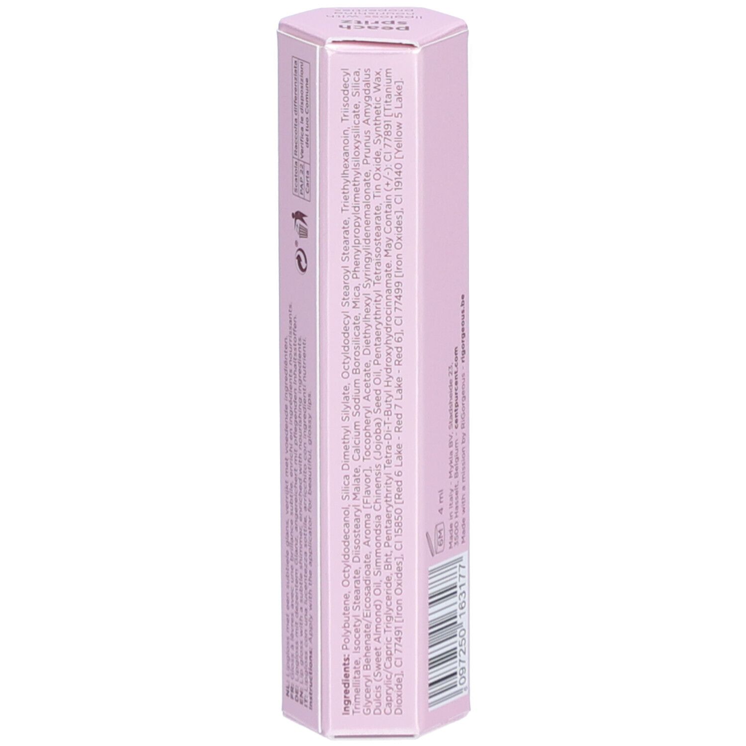 Hellrosa Lipgloss-Verpackung. Aufschrift: Cent Pur Cent, The Ultimate Lipgloss. Rückseite mit Inhaltsstoffen.