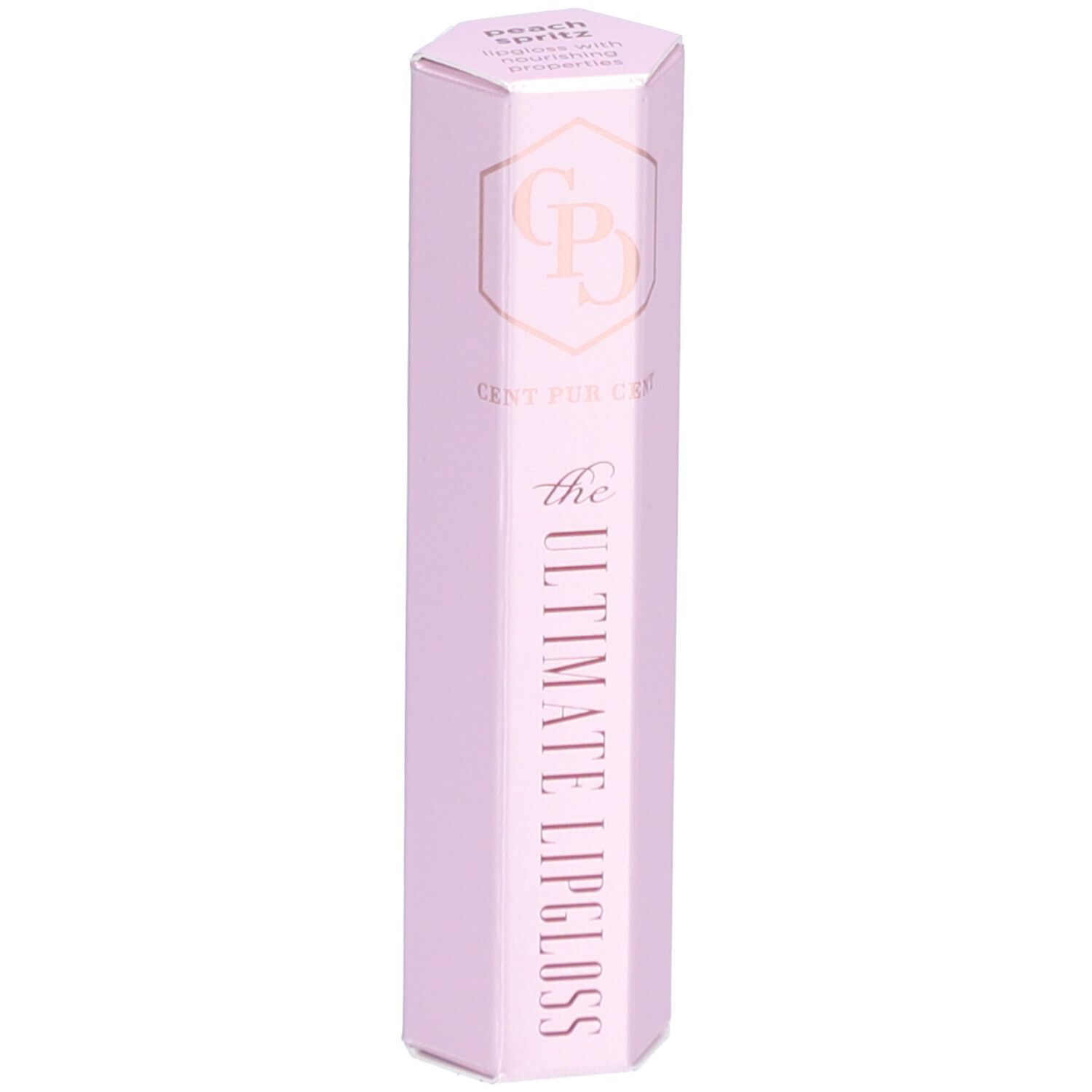 Hellrosa Lipgloss-Verpackung. Aufschrift: Cent Pur Cent, The Ultimate Lipgloss. Oben: Peach Spritz.