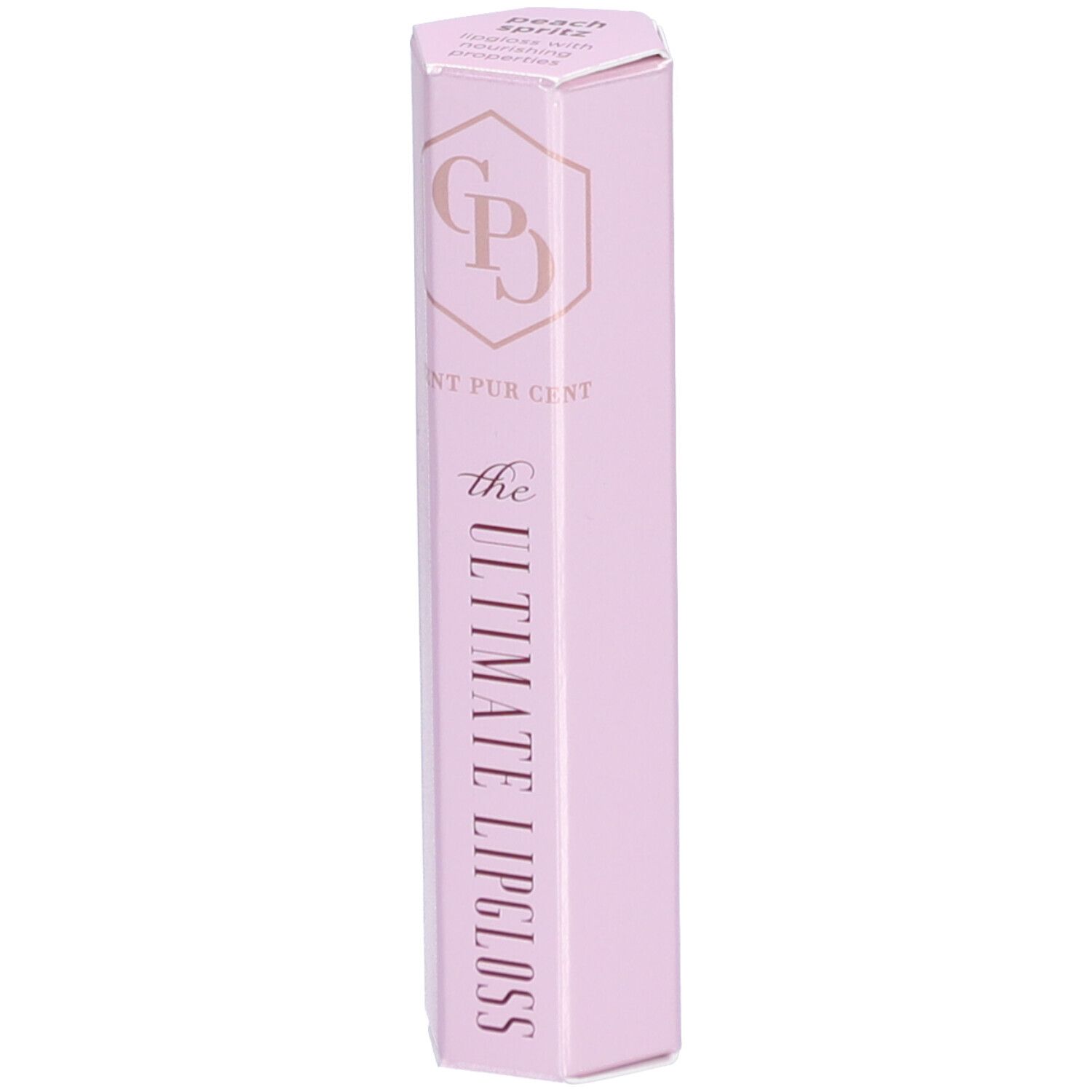 Hellrosa Lipgloss-Verpackung. Aufschrift: Cent Pur Cent, The Ultimate Lipgloss. Oben: Peach Spritz.